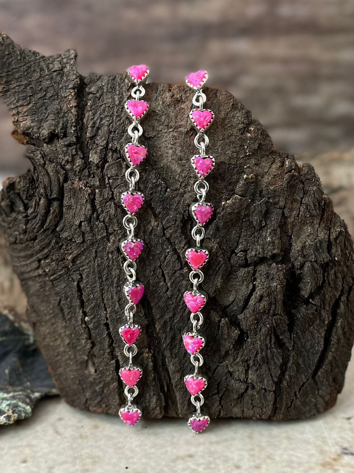 "Heart Collection" Handmade Sterling Silver Hot Pink Post Dangle Earrings "Signed Nizhoni"