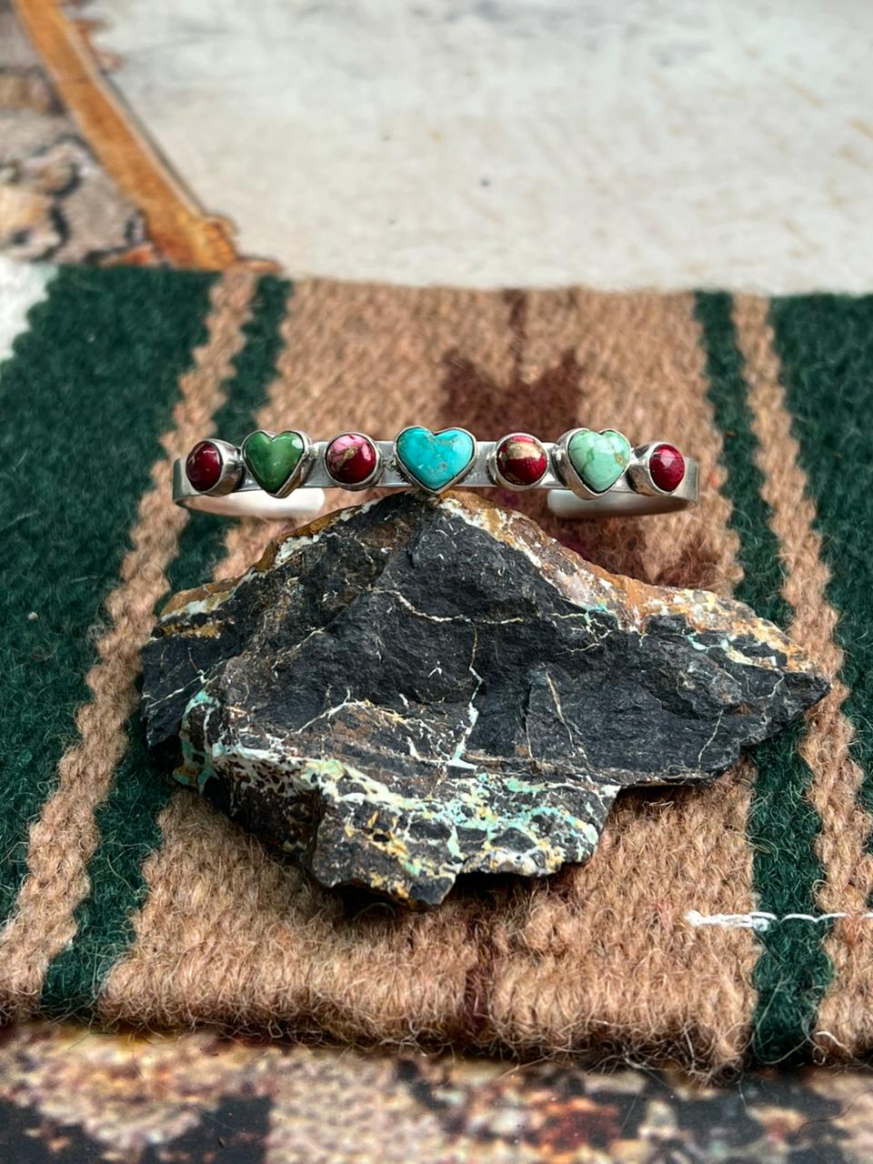 Handmade Sterling Silver Dahlia Rose with Emerald Valley Turquoise Cuff Bracelet "Signed Nizhoni"