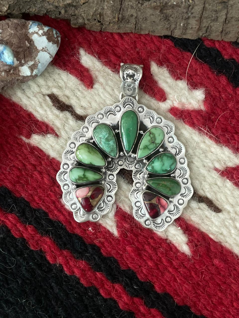 Handmade Sterling Silver Dahlia Rose with Emerald Valley Turquoise Pendant "Signed Nizhoni"