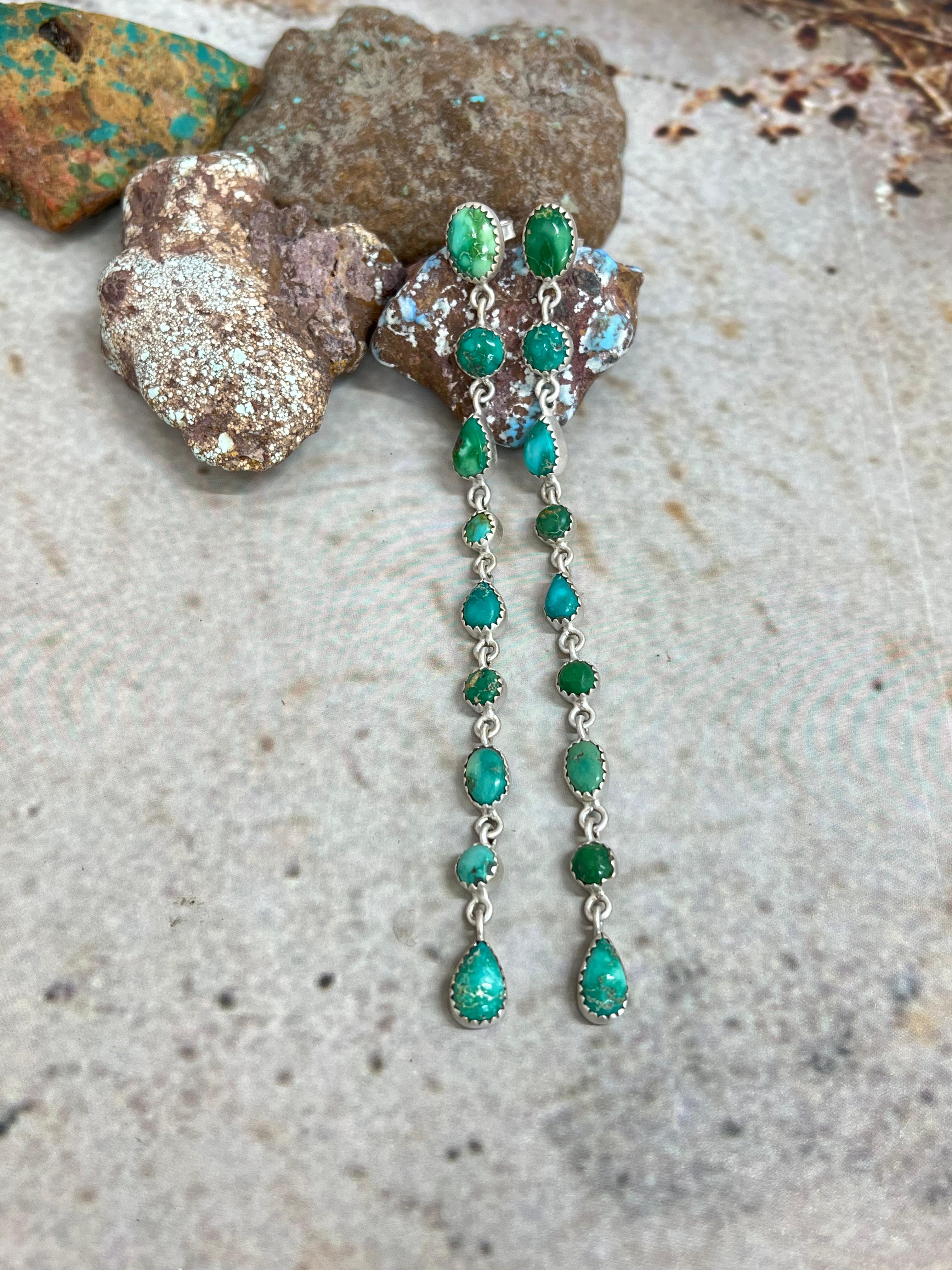 Handmade Sterling Silver Emerald Valley Post Dangle Earrings with Signed Nizhoni