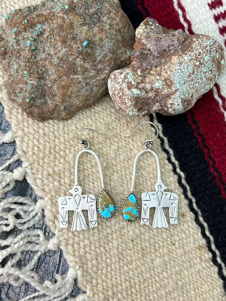 Handmade Sterling Silver Number 8 Turquoise Hook Dangle Earrings "Signed Nizhoni"
