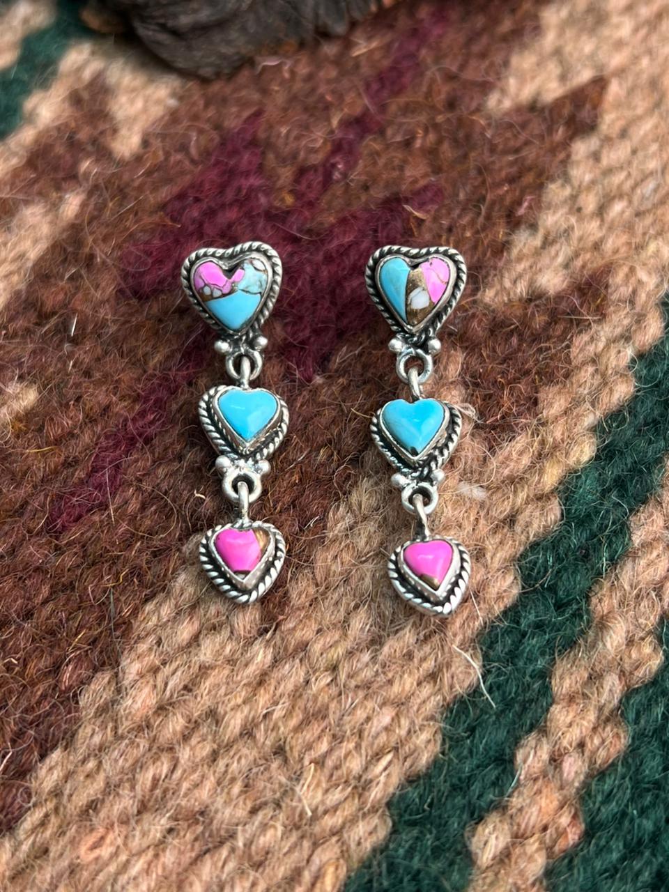 "Heart Collection" Handmade Sterling Silver Cotton Candy Post Dangle Earrings "Signed Nizhoni"