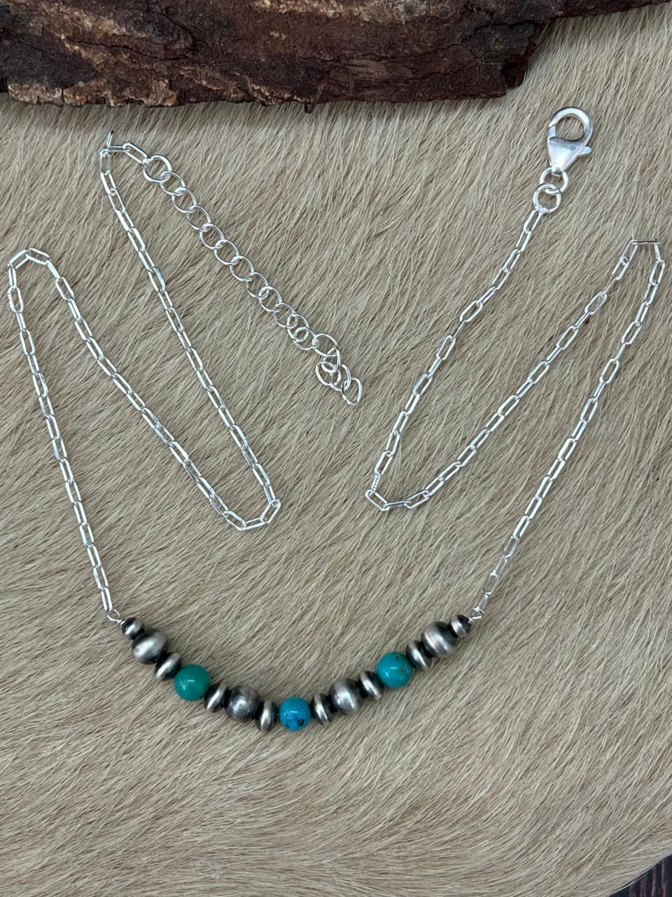 Handmade Sterling Silver Kingman Turquoise Beaded Necklace "Signed Nizhoni"