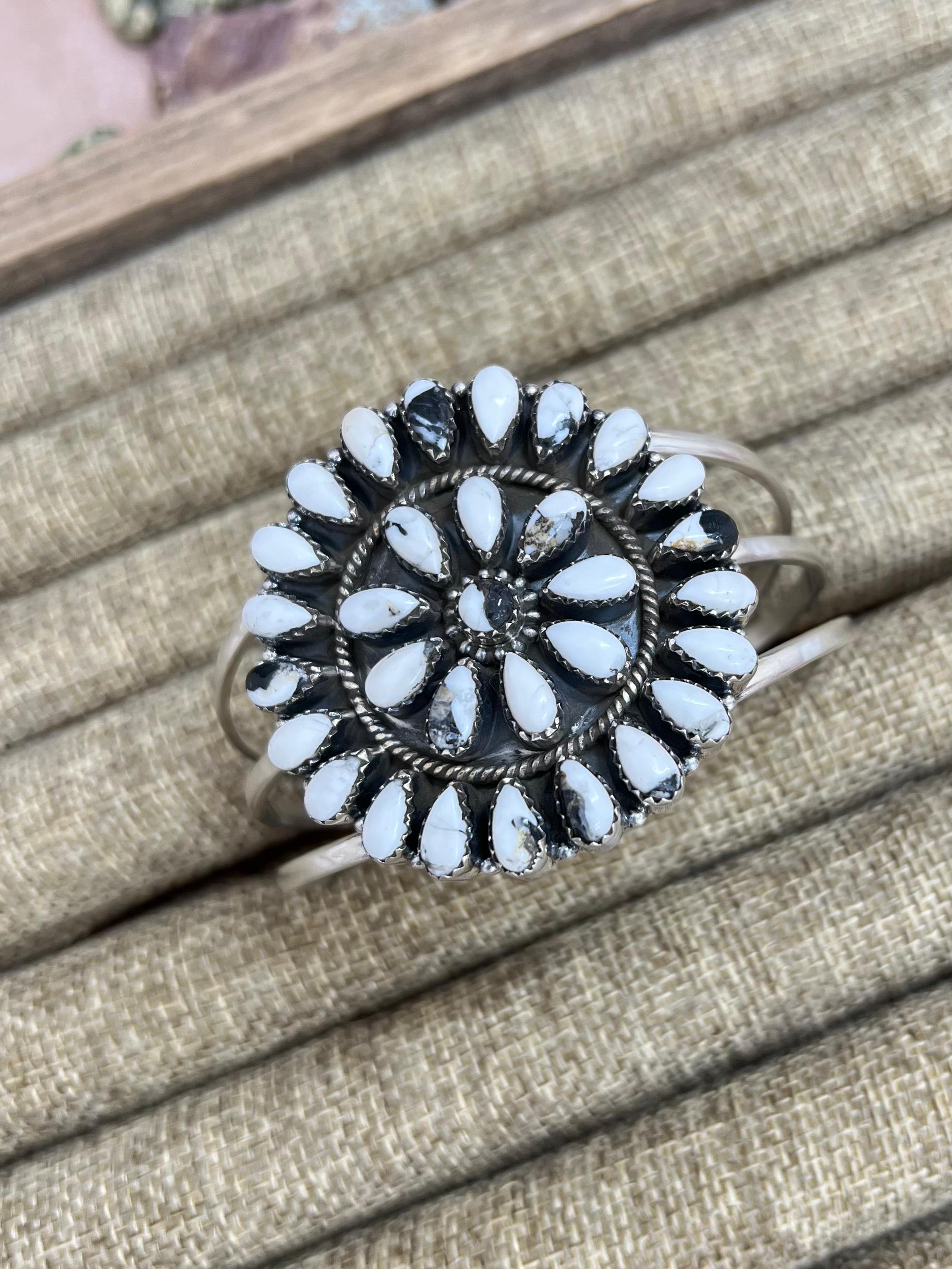 Handmade Sterling Silver White Buffalo Turquoise Cuff Bracelet with Signed Nizhoni