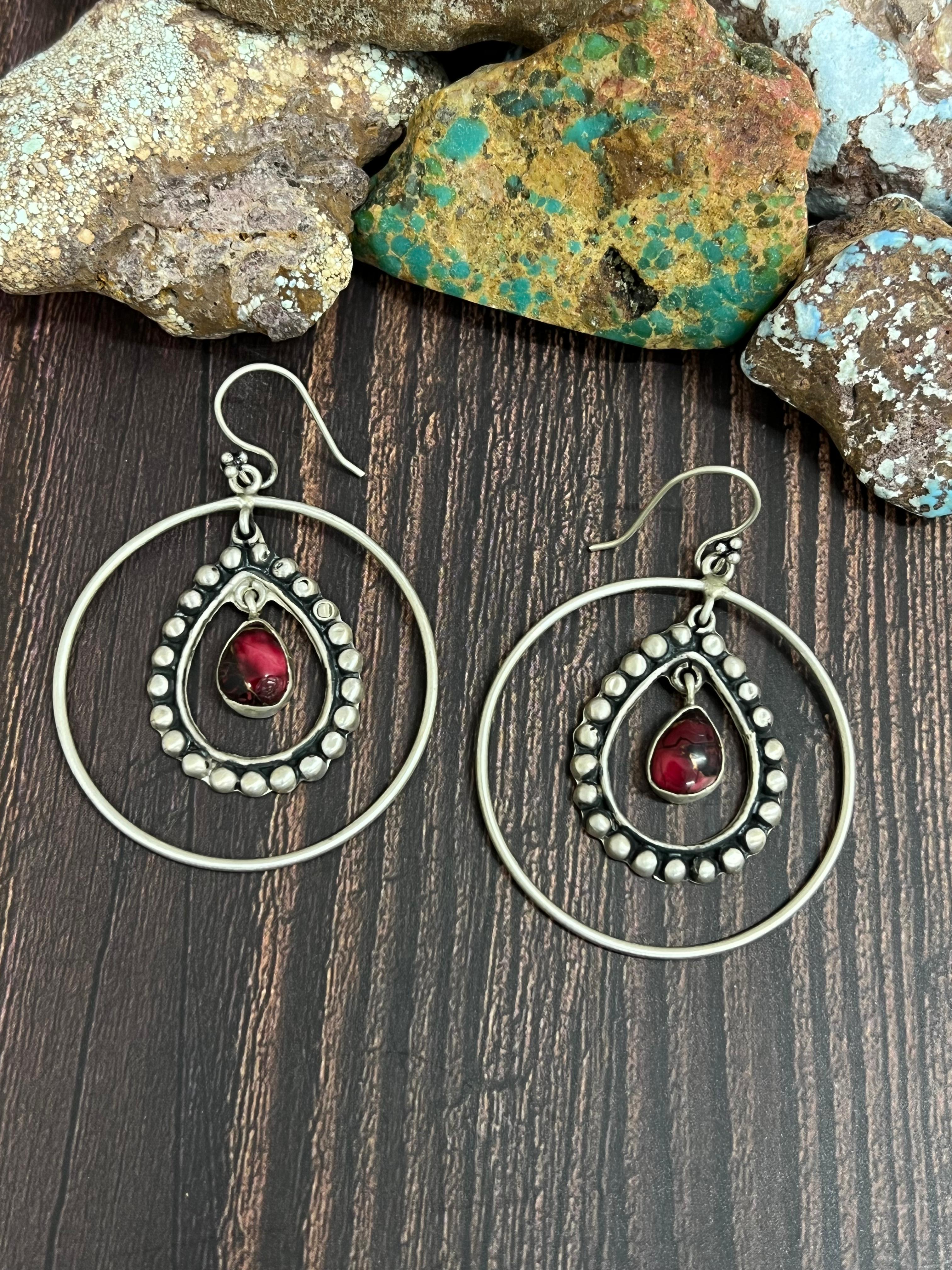 Handmade Sterling Silver Dahlia Rose Hoop Earrings with Signed Nizhoni