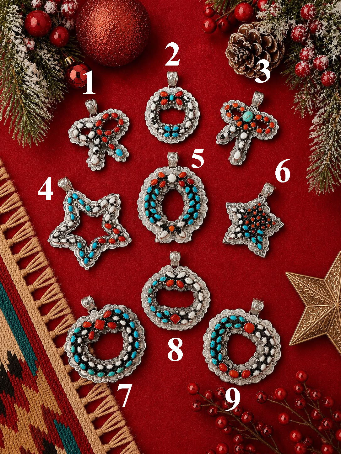 Handmade Sterling Silver Kingman Turquoise with Coral and White Buffalo Christmas Ornaments Collection: Pendant Signed Nizhoni (6)