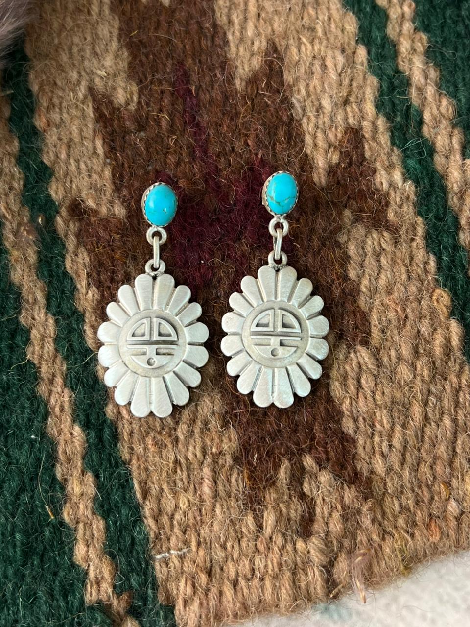 Handmade Sterling Silver Kingman Turquoise Post Dangle Earrings Signed Nizhoni