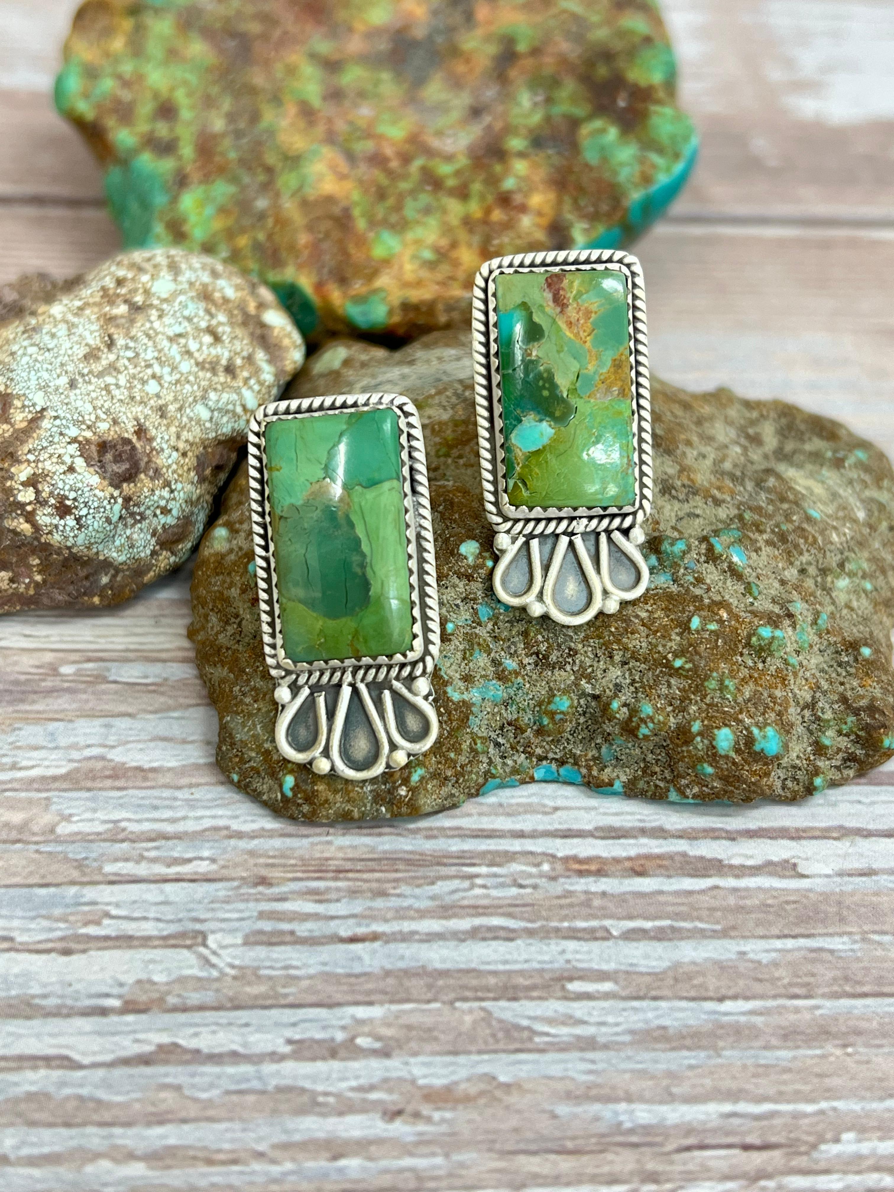 Handmade Sterling Silver Kingman Turquoise Post Earrings with Signed Nizhoni