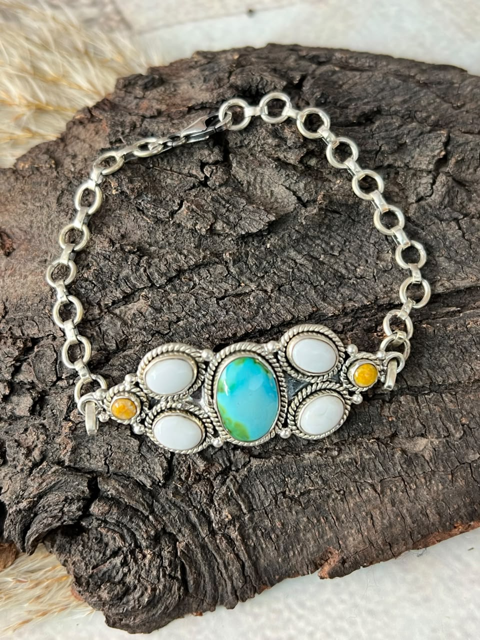 Handmade Sterling Silver Sonoran Mountain Turquoise with Bumblebee and White Buffalo Spring Collection: Chain Bracelet Signed Nizhoni