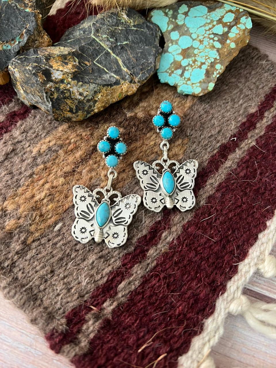 Handmade Sterling Silver Blue Turquoise Post Dangle Butterfly Earrings "Signed Nizhoni"