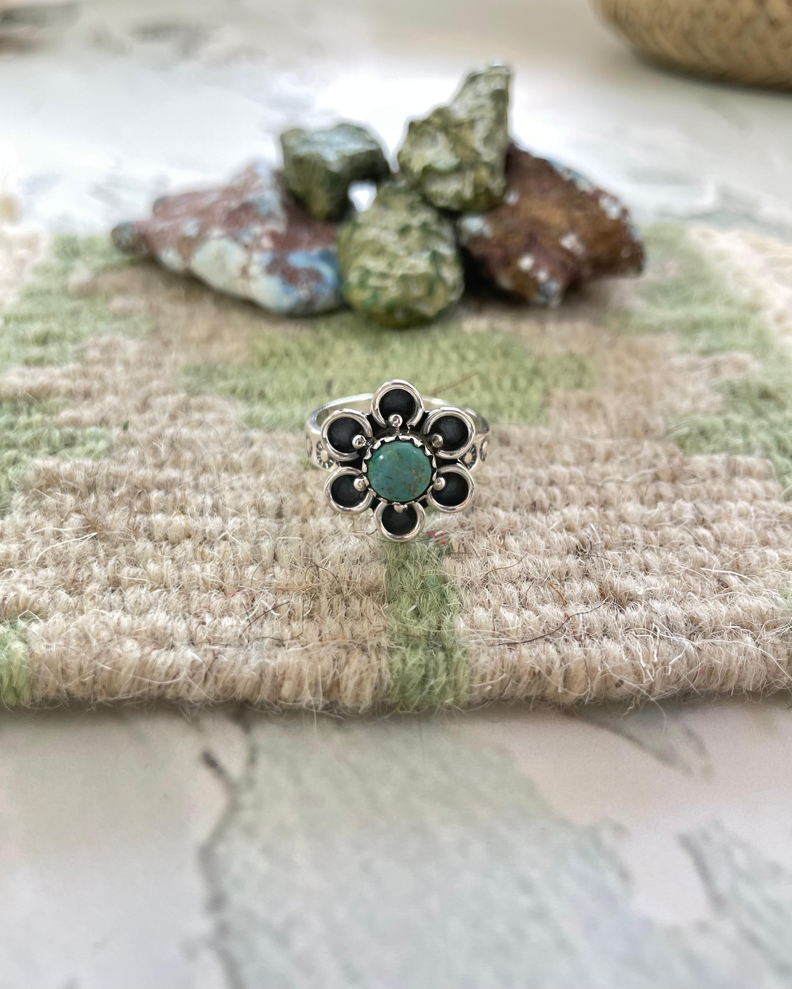 Handmade Sterling Silver Kingman Turquoise Adjustable Ring with Signed Nizhoni