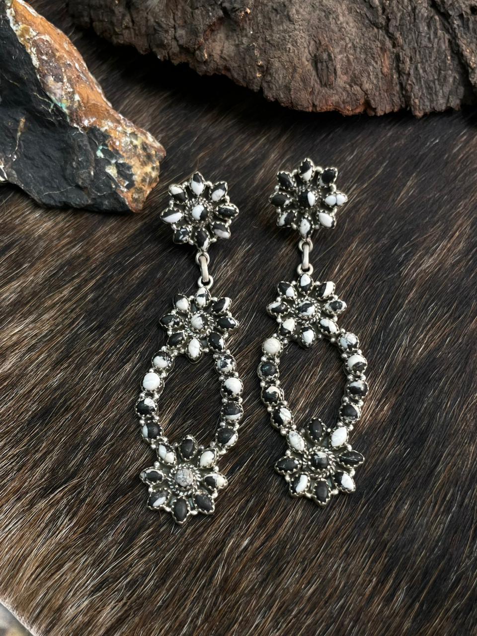Handmade Sterling Silver White Buffalo Post Dangle Earrings "Signed Nizhoni"
