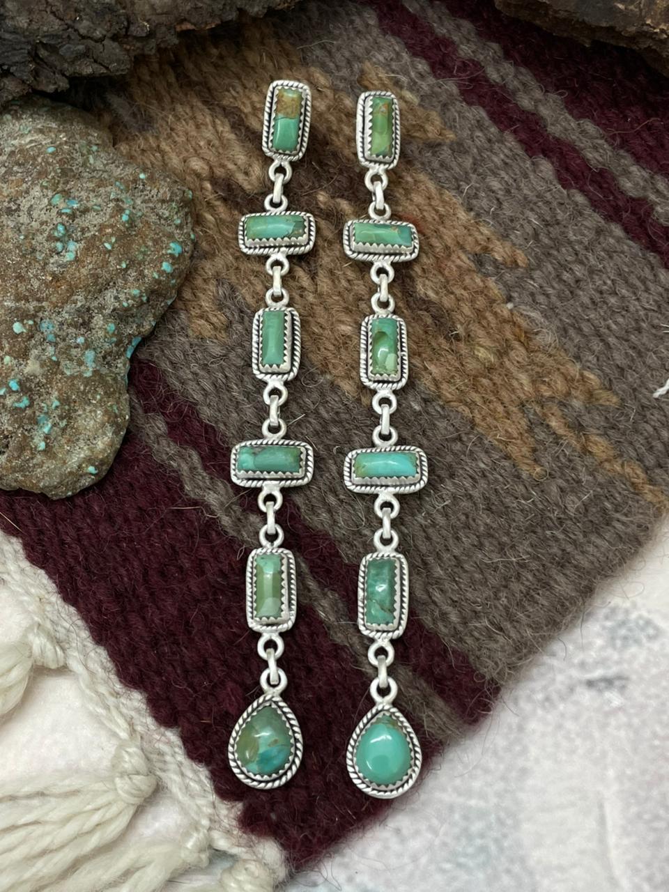 Handmade Sterling Silver Kingman Turquoise Post Dangle Earrings "Signed Nizhoni"