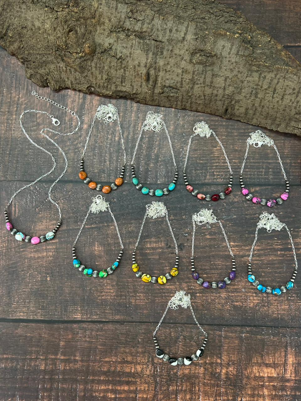 Handmade Sterling Silver Beaded Multi Stone Necklace "Signed Nizhoni"