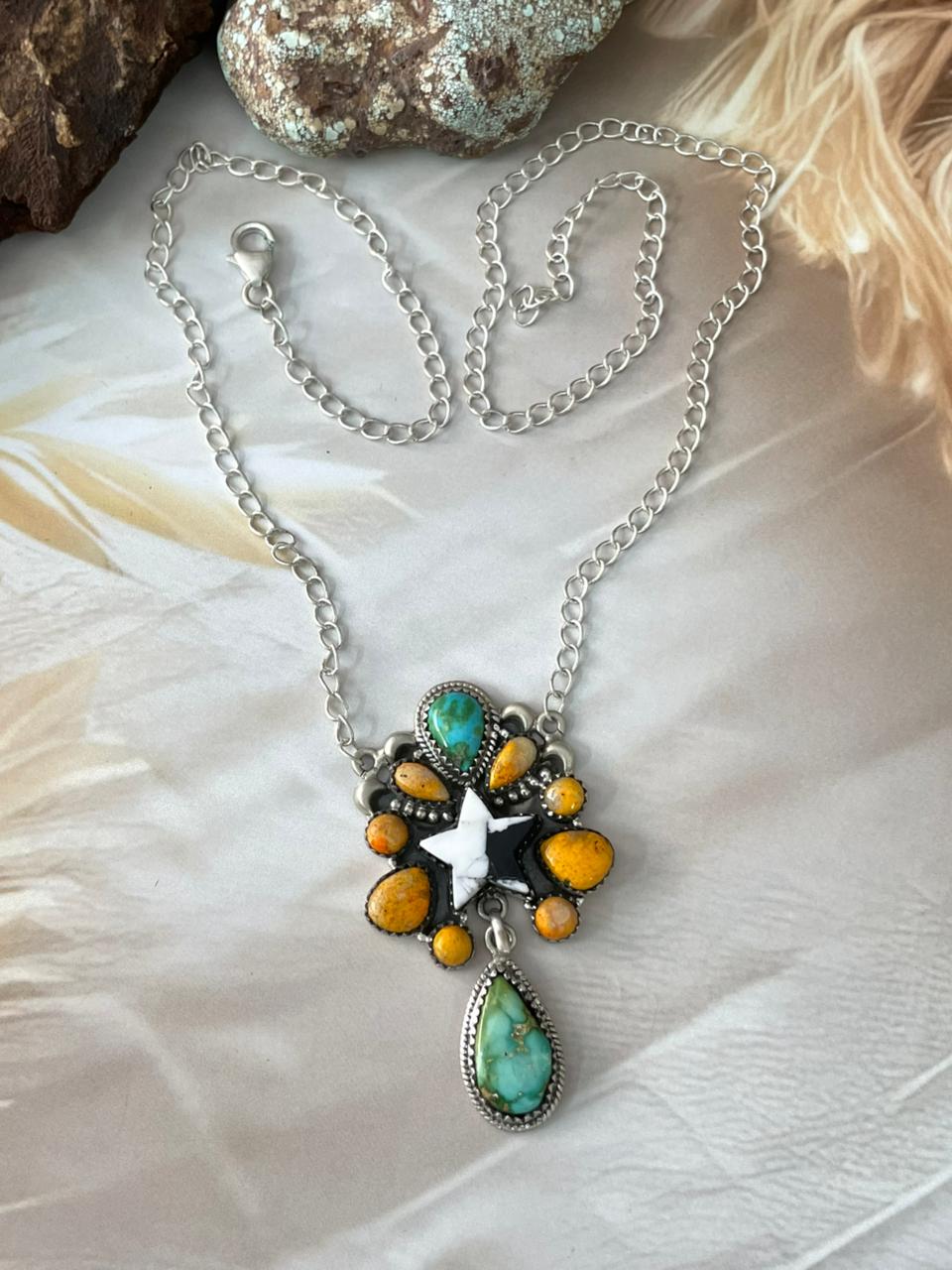 Handmade Sterling Silver Spring Collection: White Buffalo with Bumblebee & Sonoran Mountain Turquoise Necklace "Signed Nizhoni"