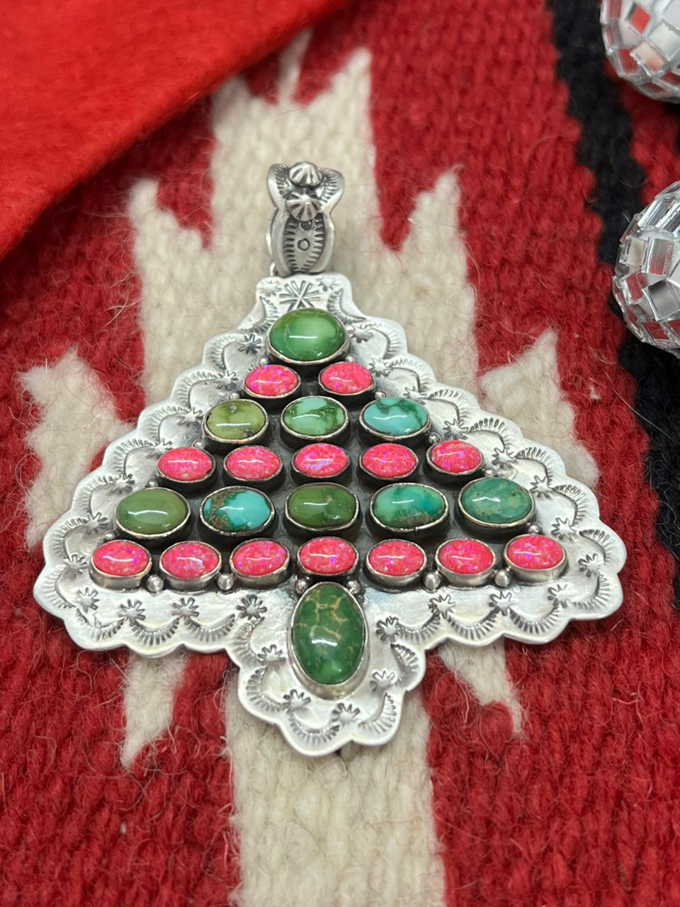 "Christmas Collection" Handmade Sterling Silver Hot Pink with Sonoran Mountain Turquoise Pendant "Signed Nizhoni"