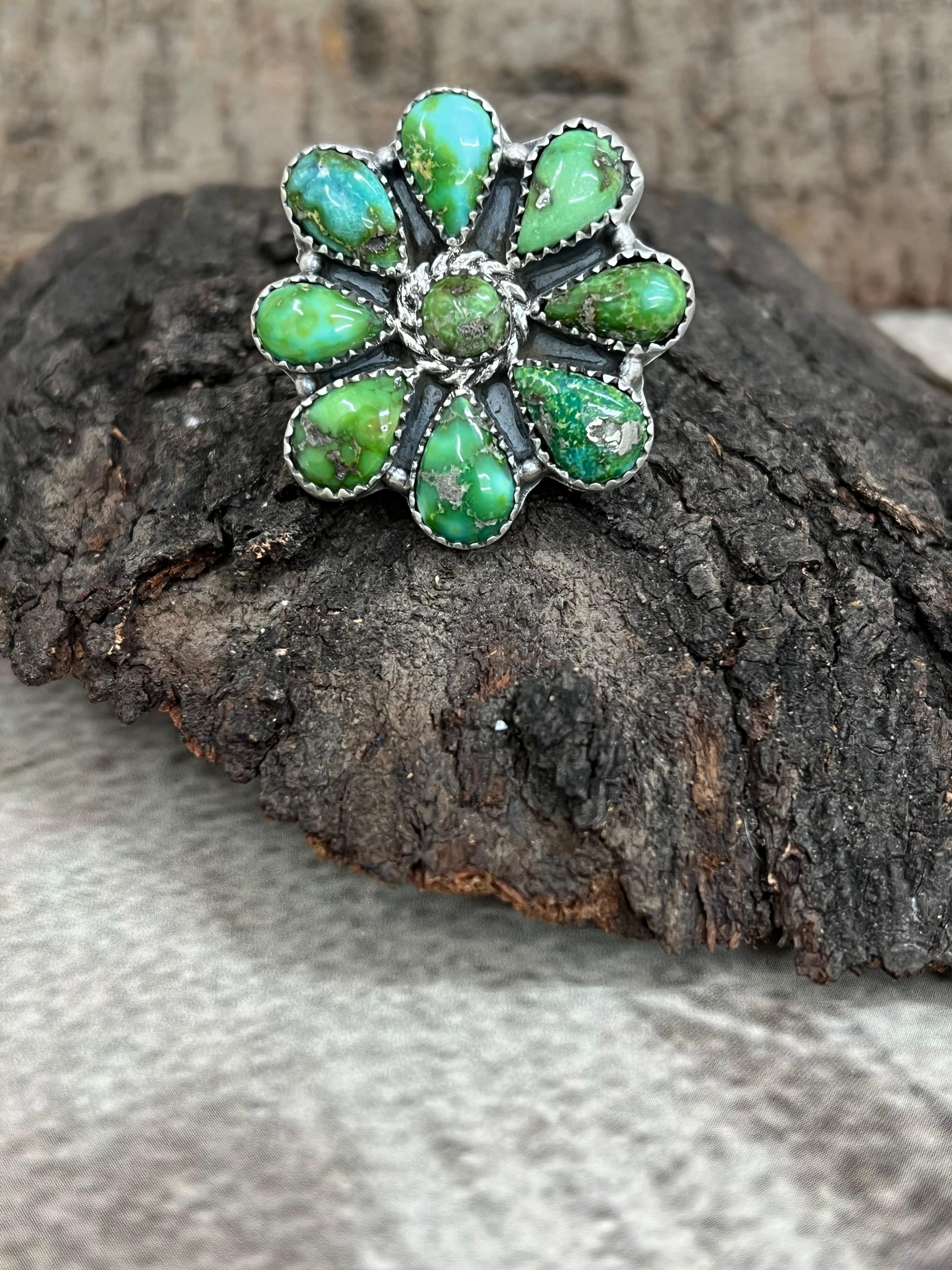 Handmade Sterling Silver Sonoran Mountain Turquoise Adjustable Ring with Signed Nizhoni