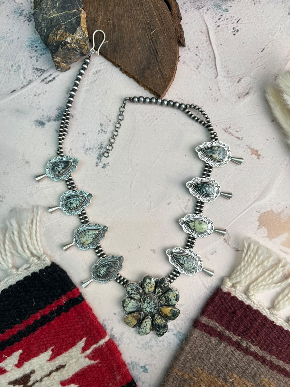 Handmade Sterling Silver Colina Verde Variscite Collection: Beaded Squash Blossom Necklace Signed Nizhoni