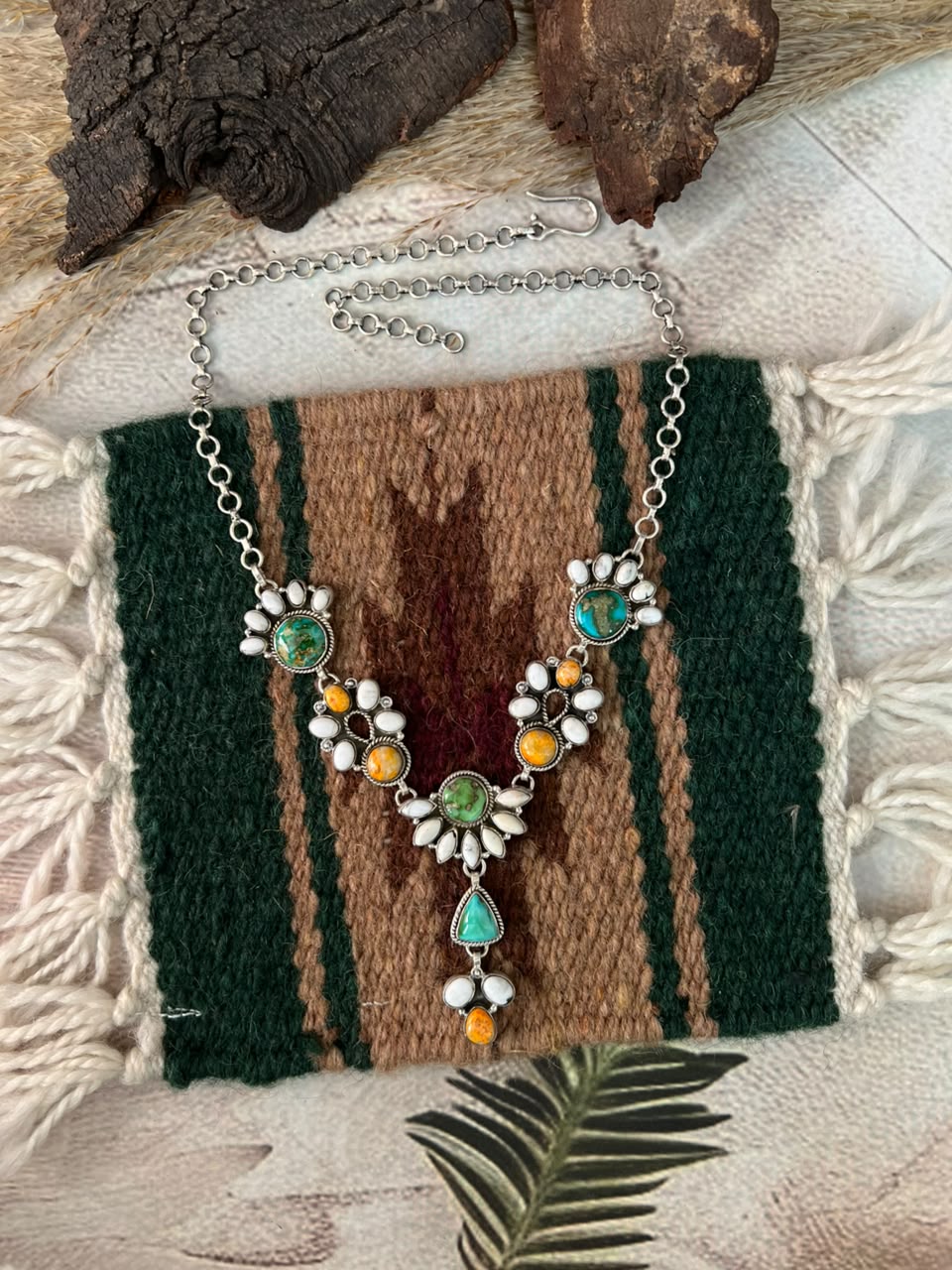 Handmade Sterling Silver Sonoran Mountain Turquoise with Bumblebee and White Buffalo Spring Collection: Necklace Signed Nizhoni