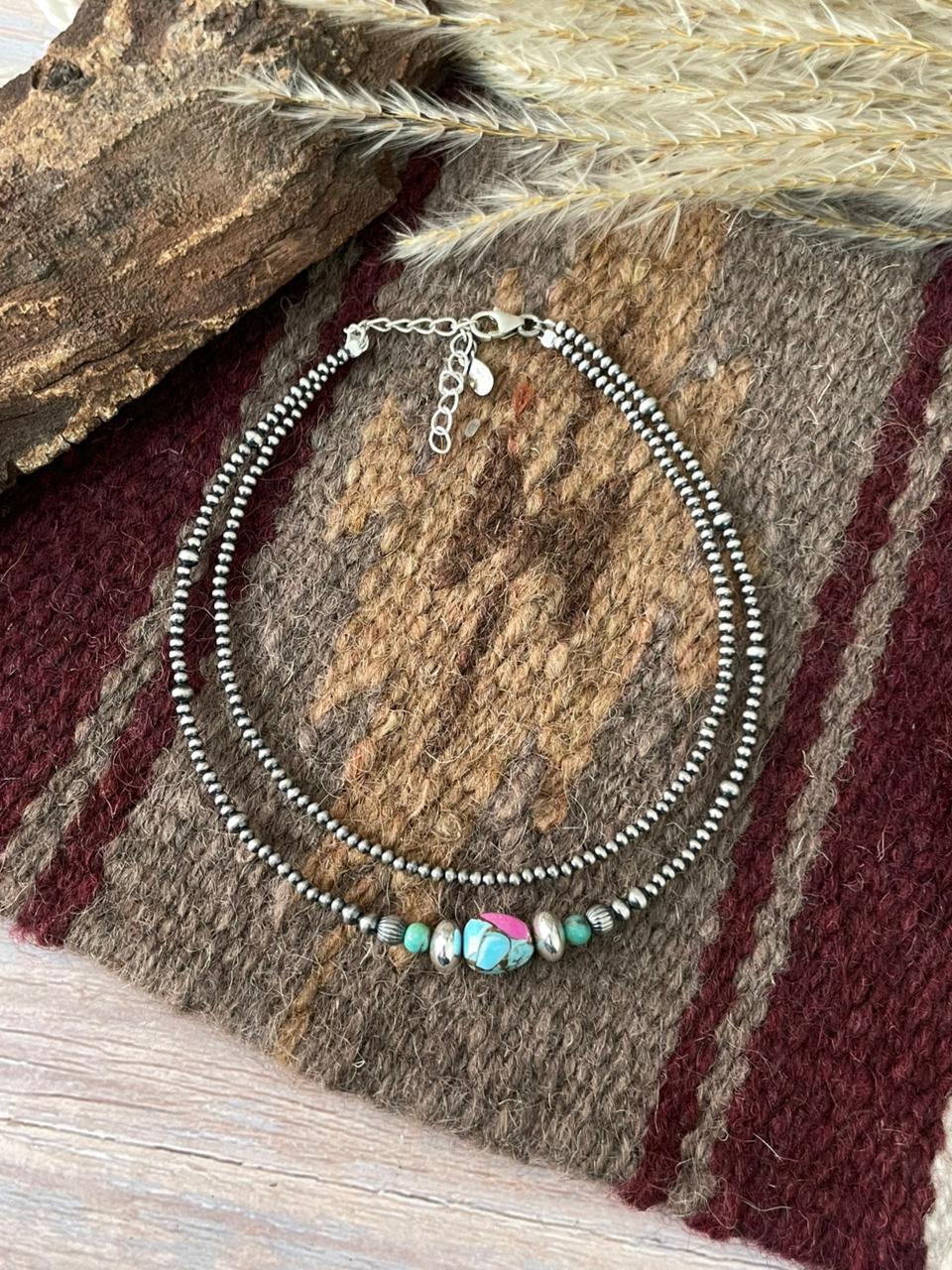 Handmade Sterling Silver Cotton Candy with Kingman Turquoise Double Strand Beaded Anklet "Signed Nizhoni"