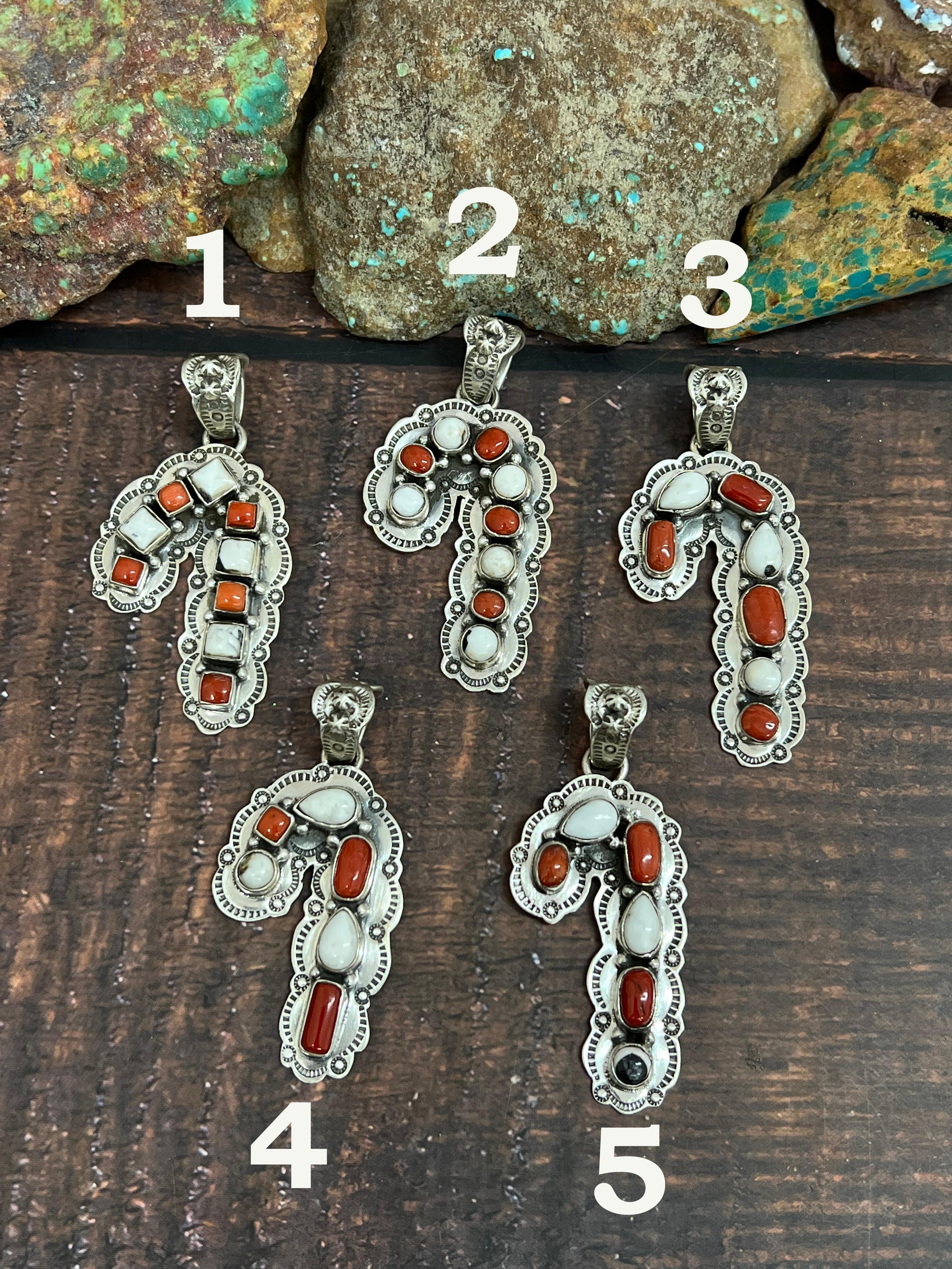 Handmade Sterling Silver Coral with White Buffalo Turquoise Pendant, Signed Nizhoni