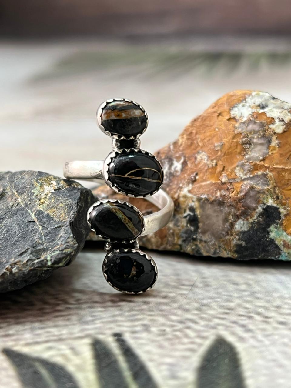 Handmade Sterling Silver Blackjack Turquoise Adjustable Ring " Signed Nizhoni"