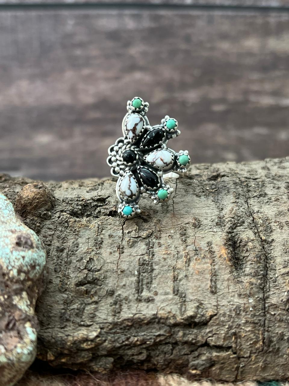 Handmade Sterling Silver Kingman with Black Onyx, Wildhorse Adjustable Ring "Signed Nizhoni"