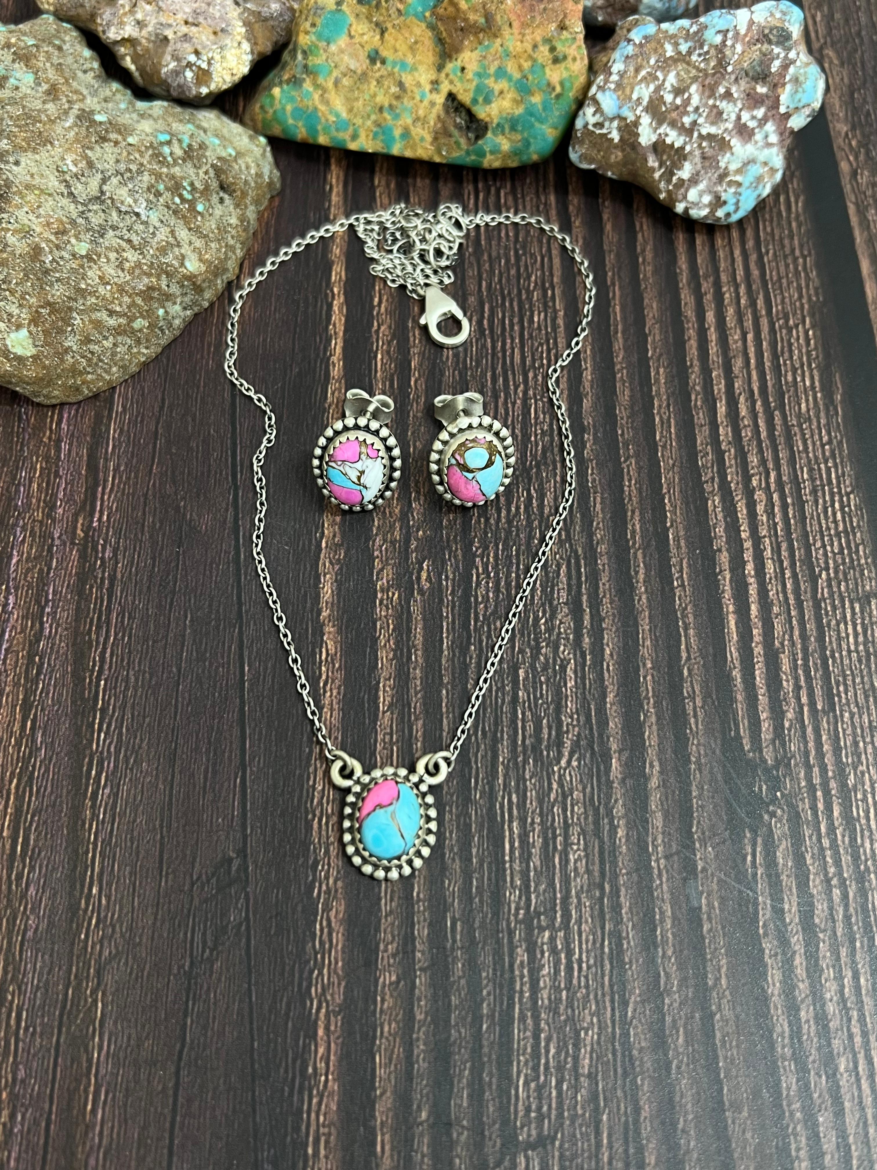 Handmade Sterling Silver Cotton Candy Turquoise Necklace Earrings Set, Signed Nizhoni (6)