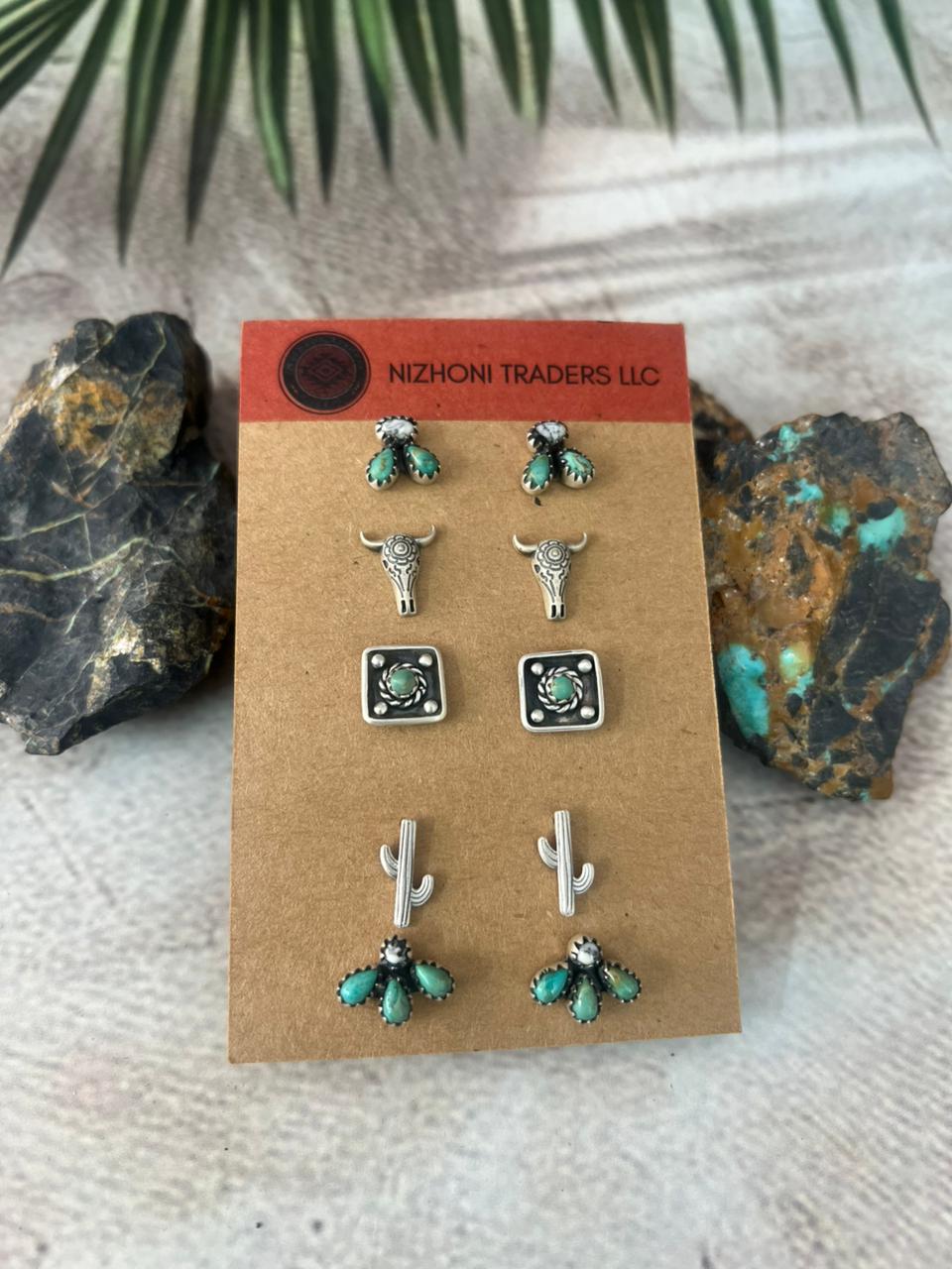 Handmade Sterling Silver Kingman With White Buffalo Post Studs Earrings Set