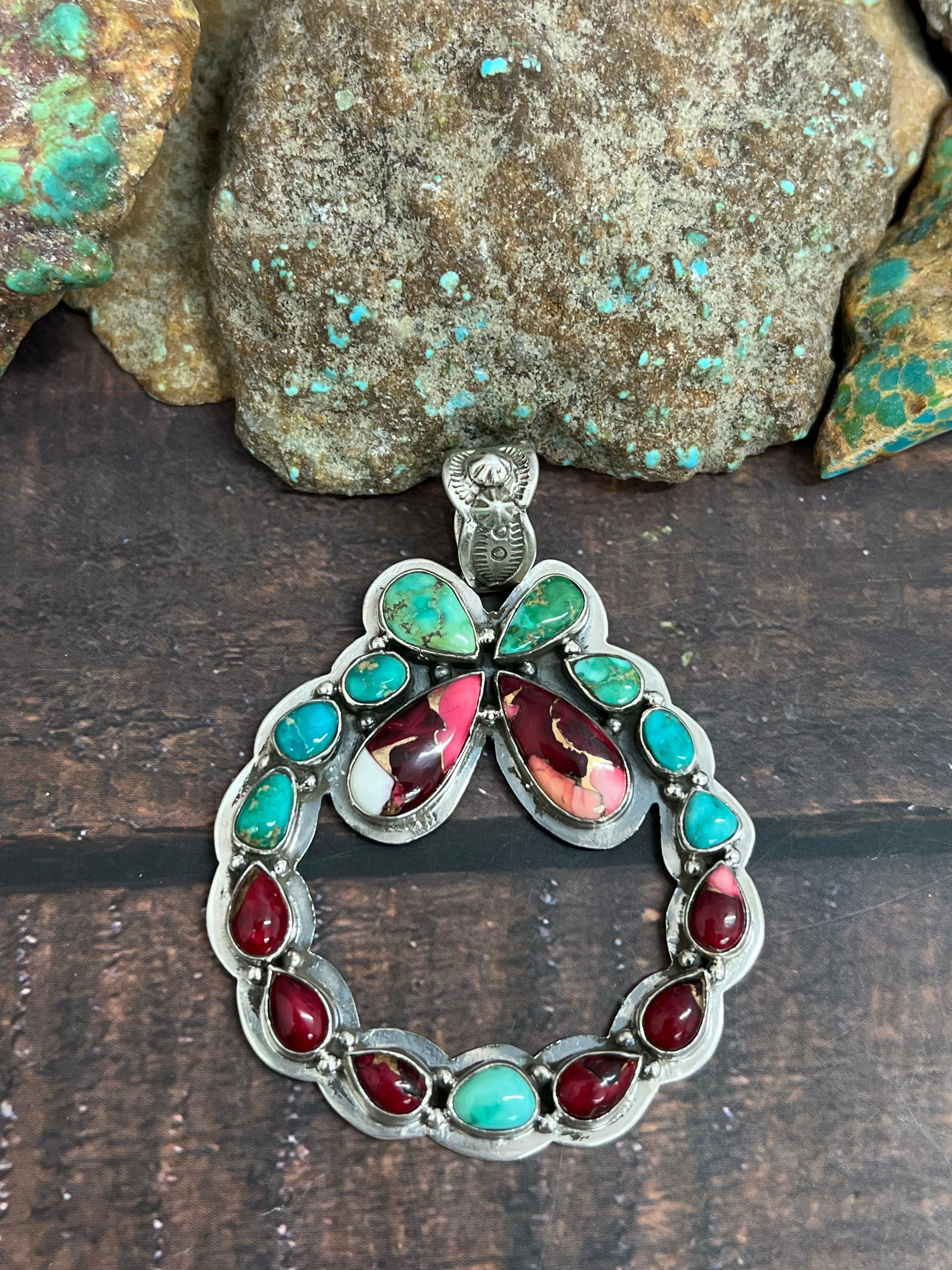 Handmade Sterling Silver Dahlia Rose with Emerald Valley Pendant, Signed Nizhoni