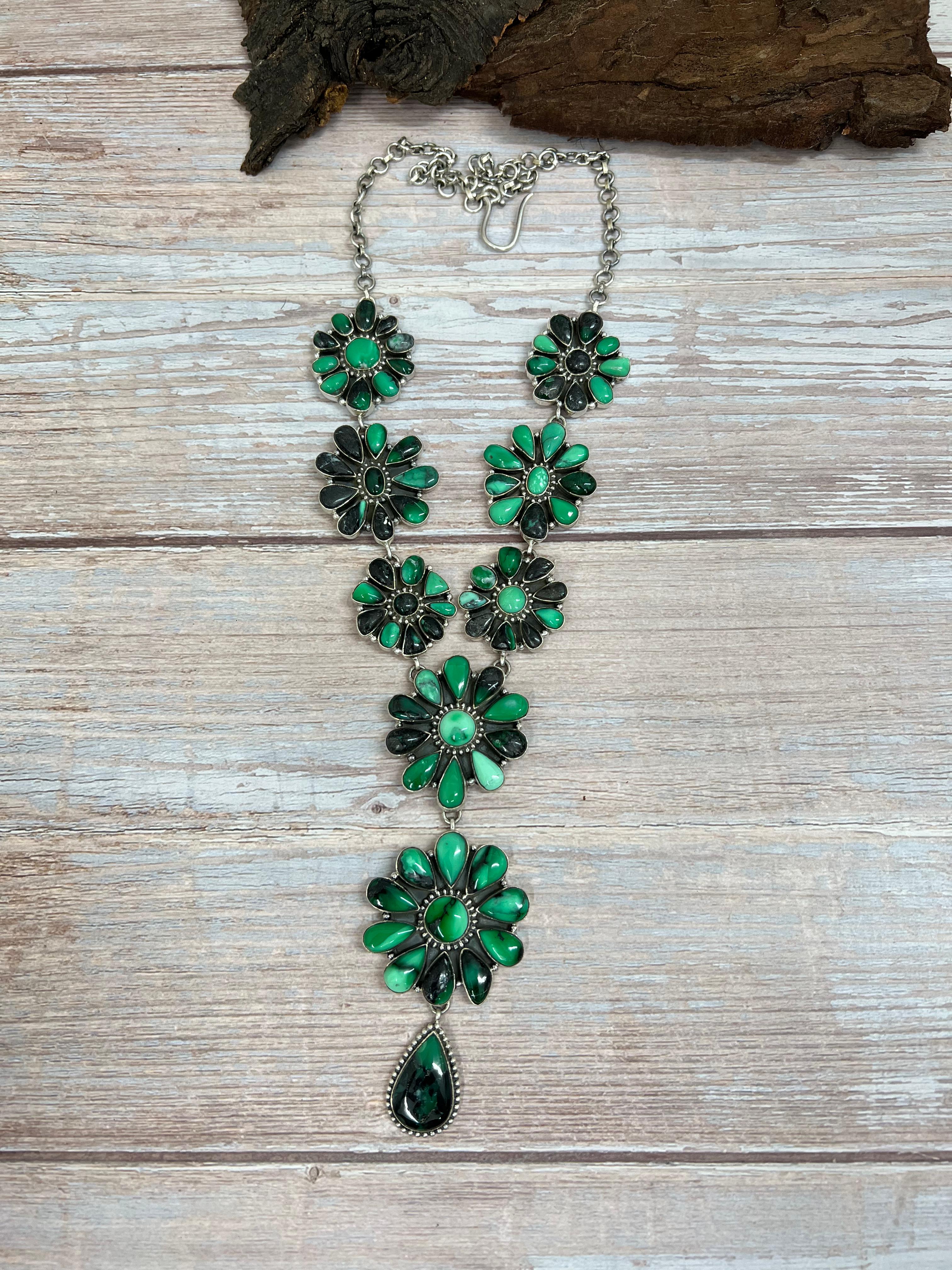 Handmade Sterling Silver Emerald Rose Necklace with Signed Nizhoni