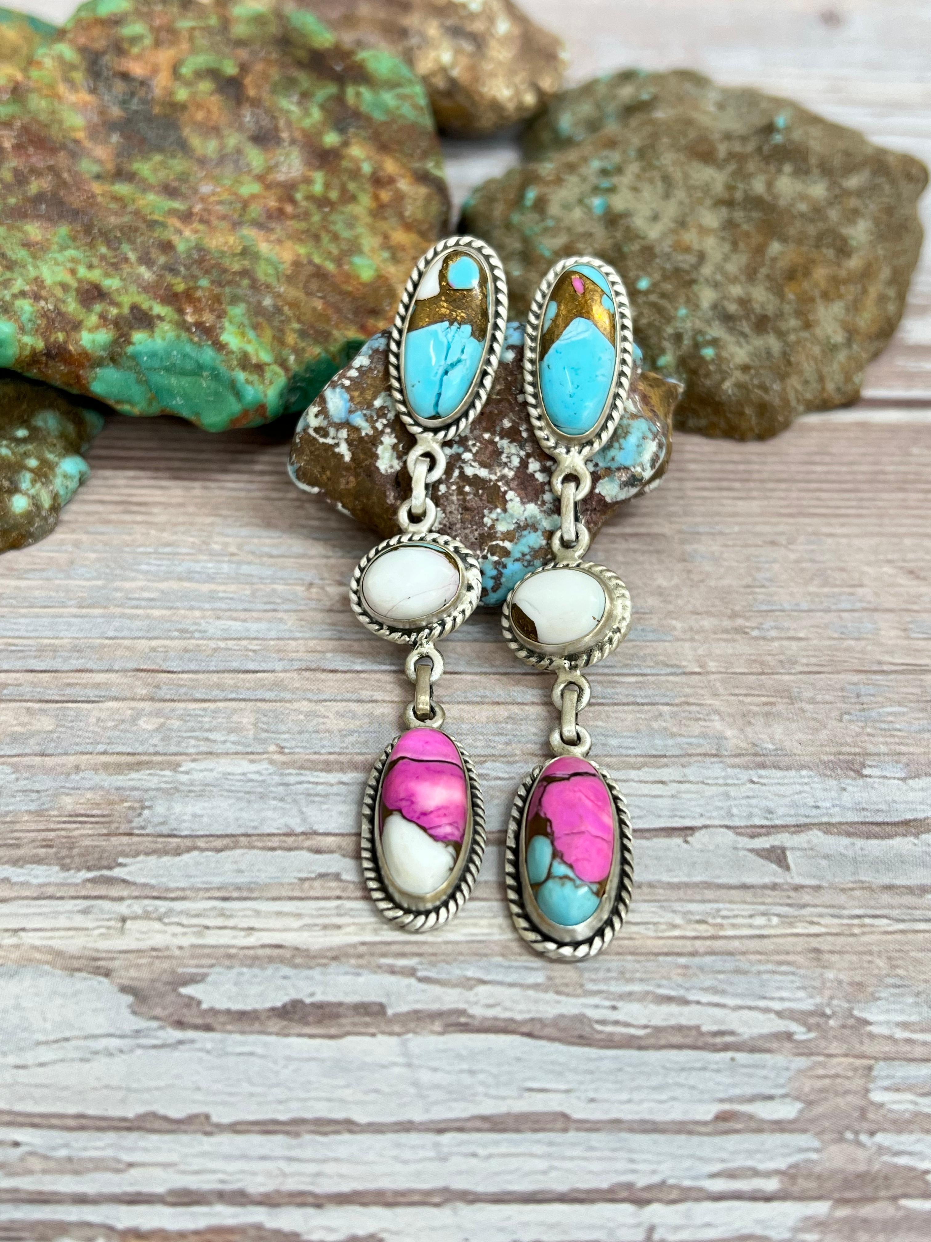 Handmade Sterling Silver Cotton Candy Turquoise Post Dangle Earrings with Signed Nizhoni (2)