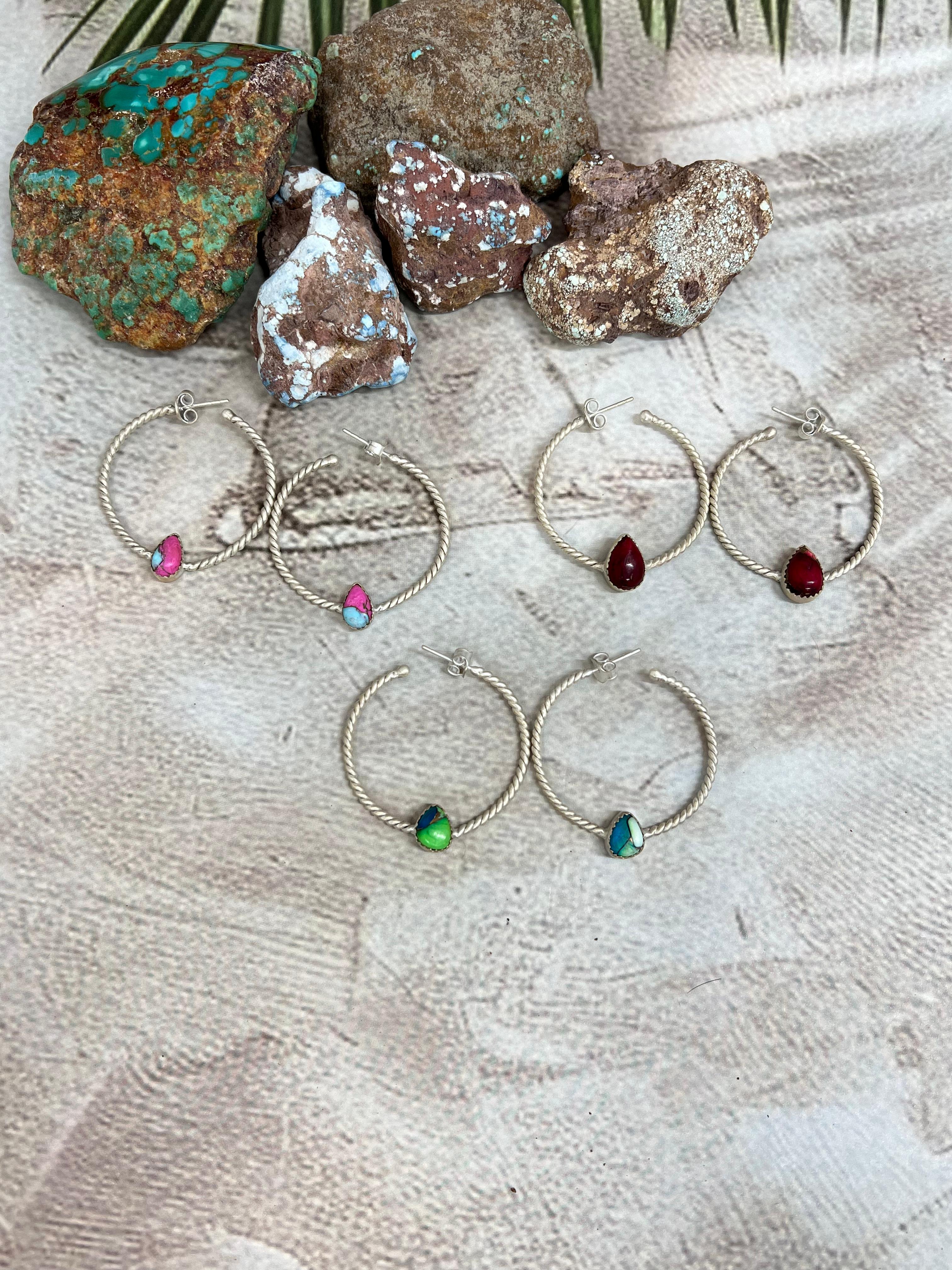 Handmade Sterling Silver Peacock Dahlia, Cotton Candy, Dahlia Rose Hoop Earrings, Signed Nizhoni