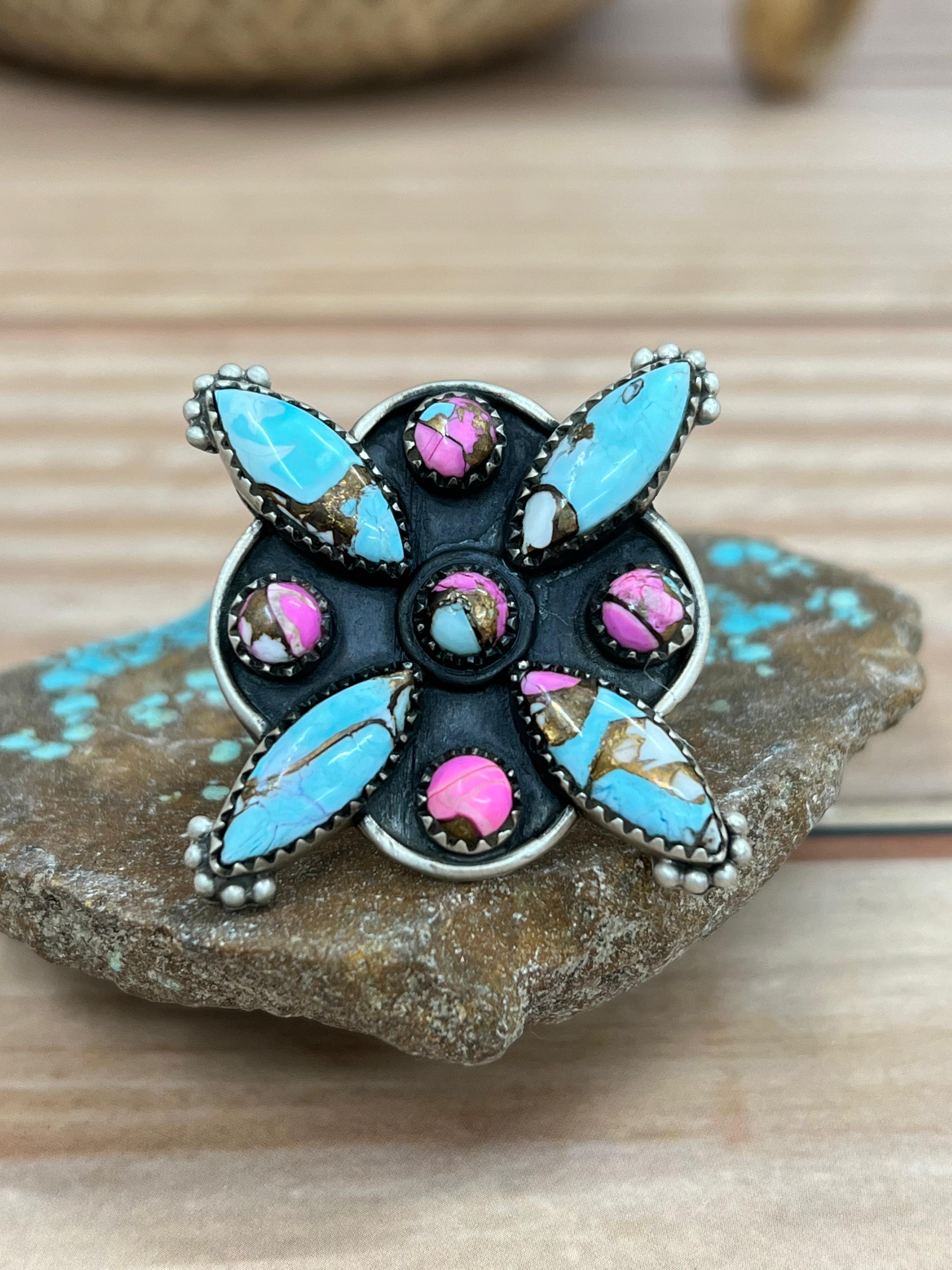 Handmade Sterling Silver Cotton Candy Turquoise Adjustable Ring with Signed Nizhoni