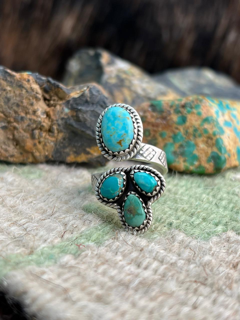 Handmade Sterling Silver Emerald Valley with Santa Maria Turquoise Adjustable Ring "Signed Nizhoni"