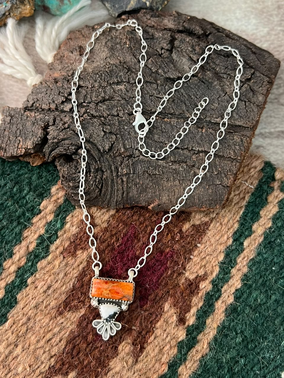 Handmade Sterling Silver Orange Mojave with White Buffalo Necklace Signed Nizhoni