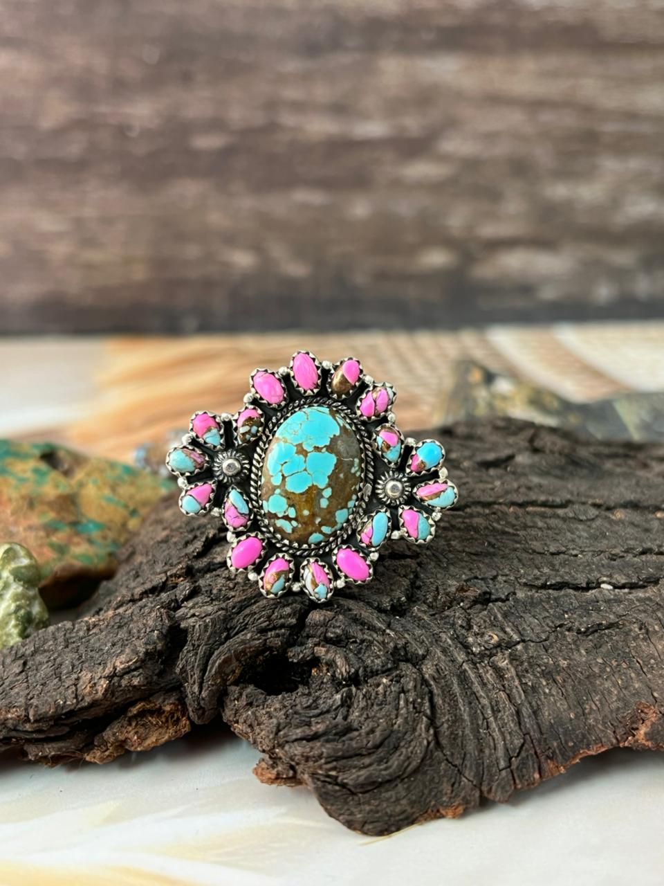 Handmade Sterling Silver Number 8 with Cotton Candy Adjustable Ring "Signed Nizhoni"