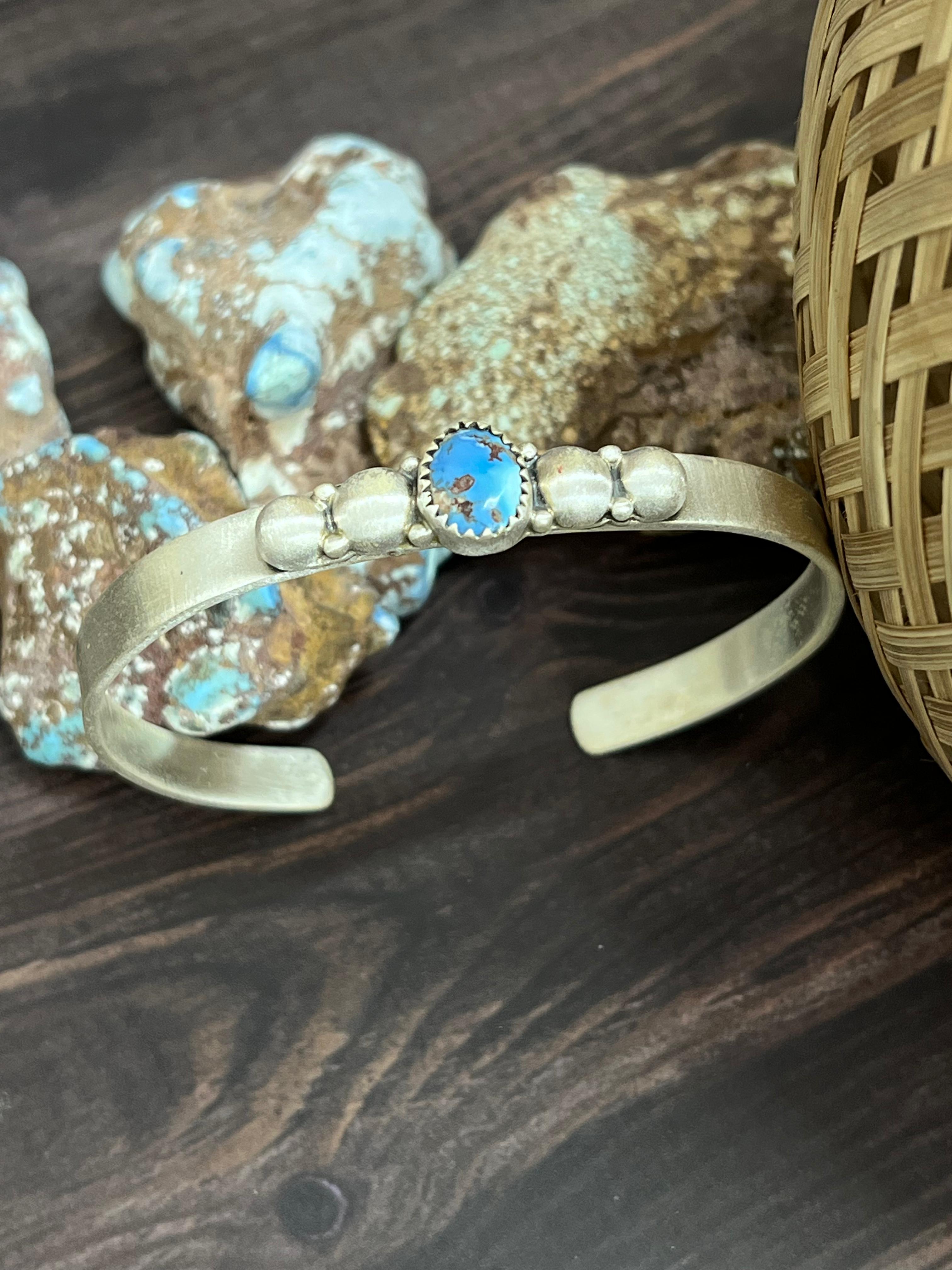 Handmade Sterling Silver Golden Hills Turquoise Cuff Bracelet with Signed Nizhoni