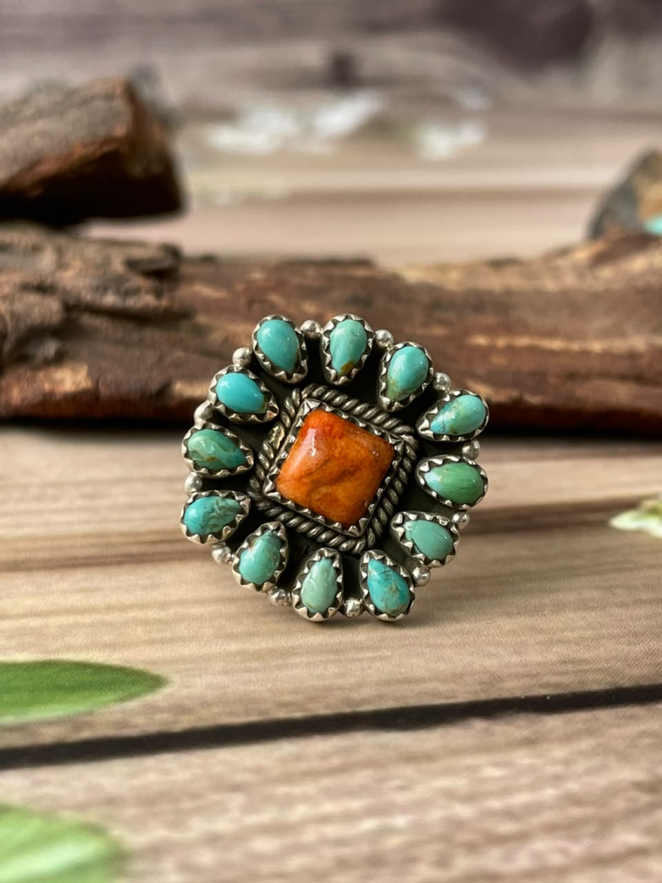 Handmade Sterling Silver Kingman Turquoise with Orange Mojave Adjustable Ring Signed Nizhoni