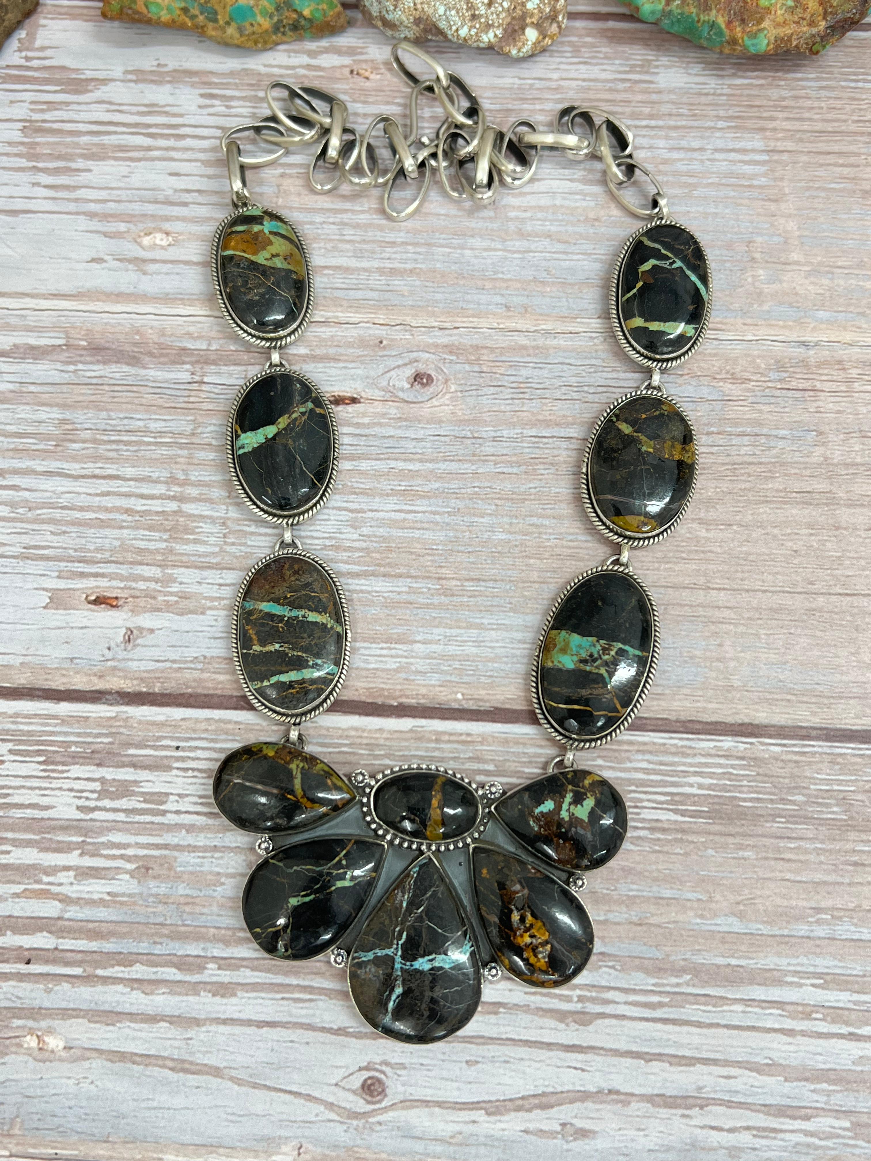 Handmade Sterling Silver Black Jack Necklace with Signed Nizhoni