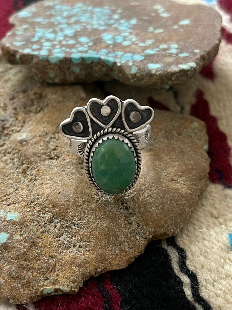 Handmade Sterling Silver Kingman Turquoise Adjustable Ring "Signed Niz
