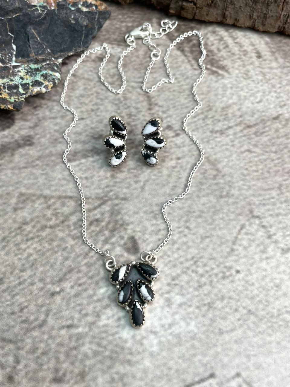 Handmade Sterling Silver White Buffalo Necklace Earrings Set "Signed Nizhoni"