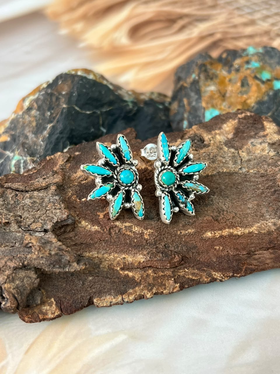 Handmade Sterling Silver Kingman Turquoise Post Studs Earrings Signed Nizhoni