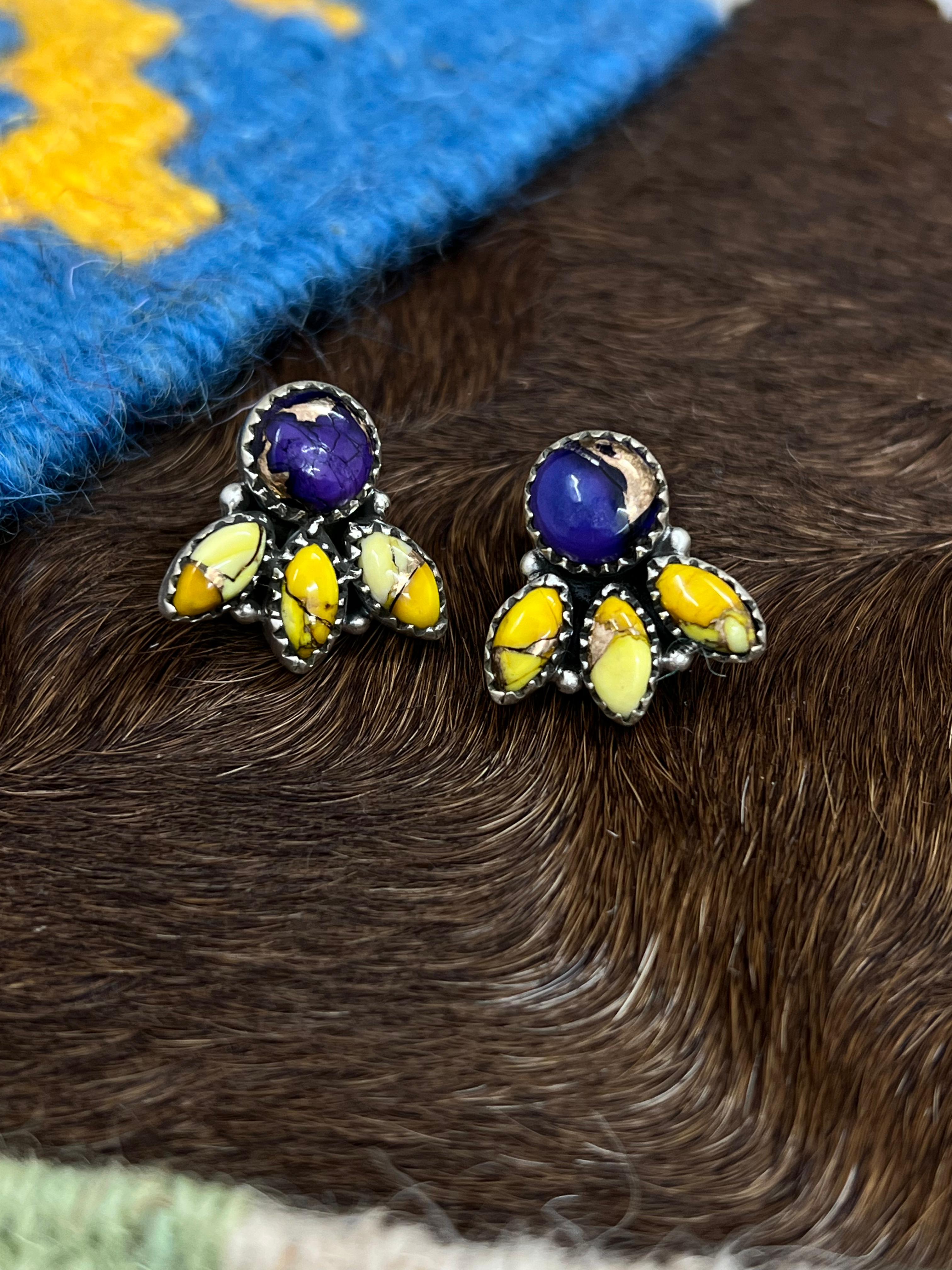 Handmade Sterling Silver Grape Dahlia With Honey Dahlia Post Studs with Signed Nizhoni