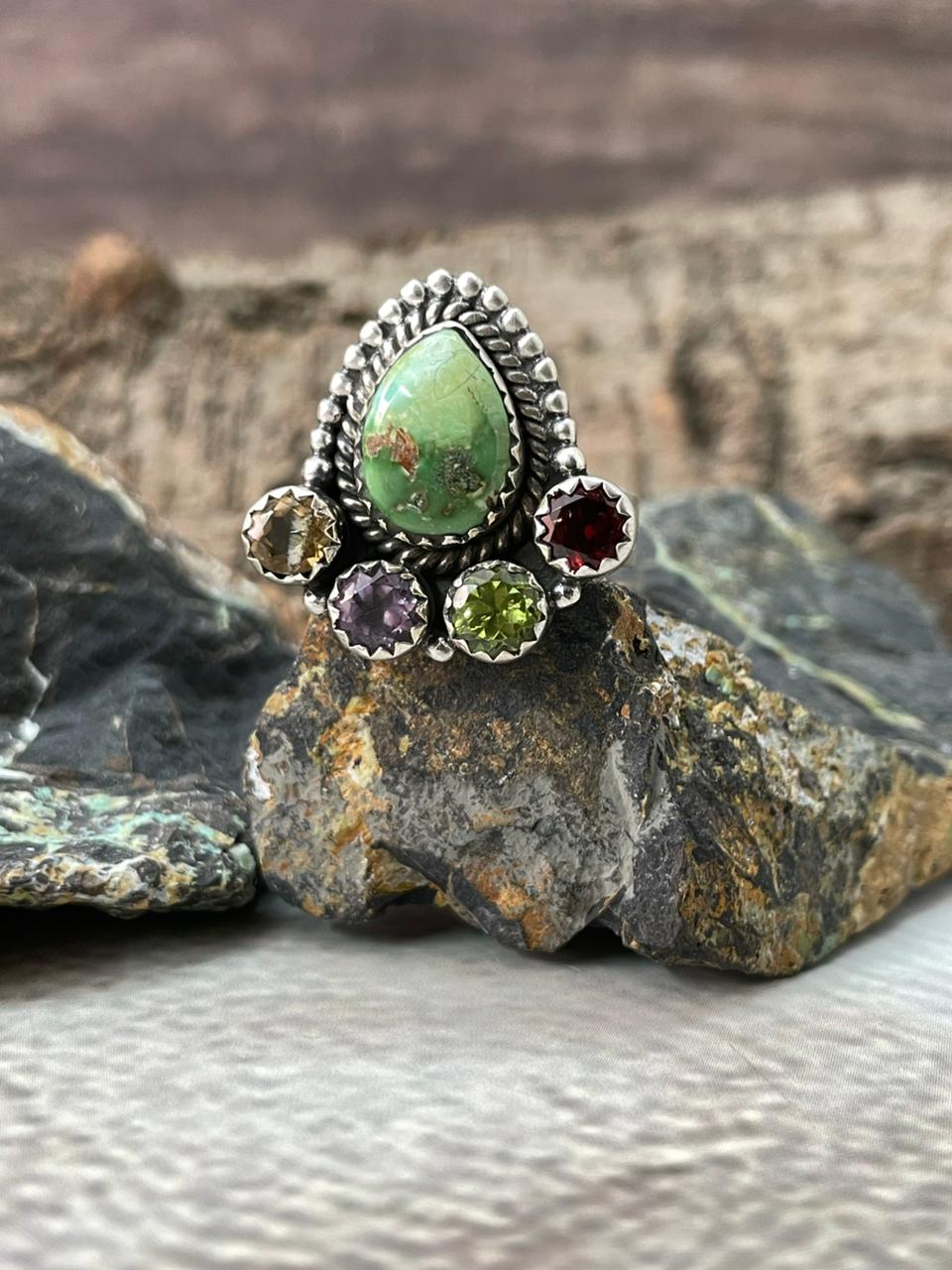 Handmade Sterling Silver Sonoran with Cut Stones Adjustable Ring "Signed Nizhoni"