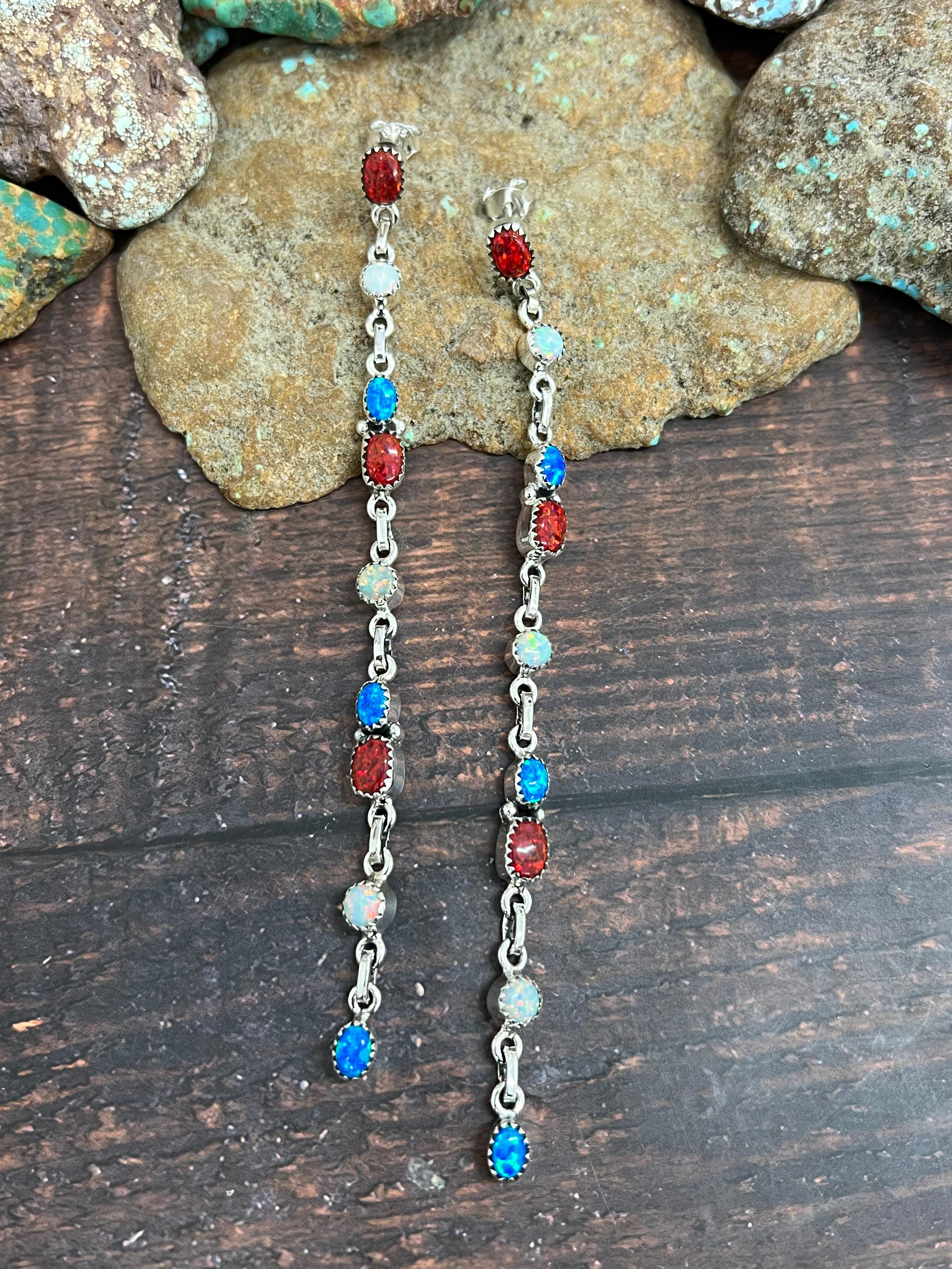 ** 4TH OF JULY ** Handmade Sterling Silver Synthetic Opal Post Earrings with Signed Nizhoni