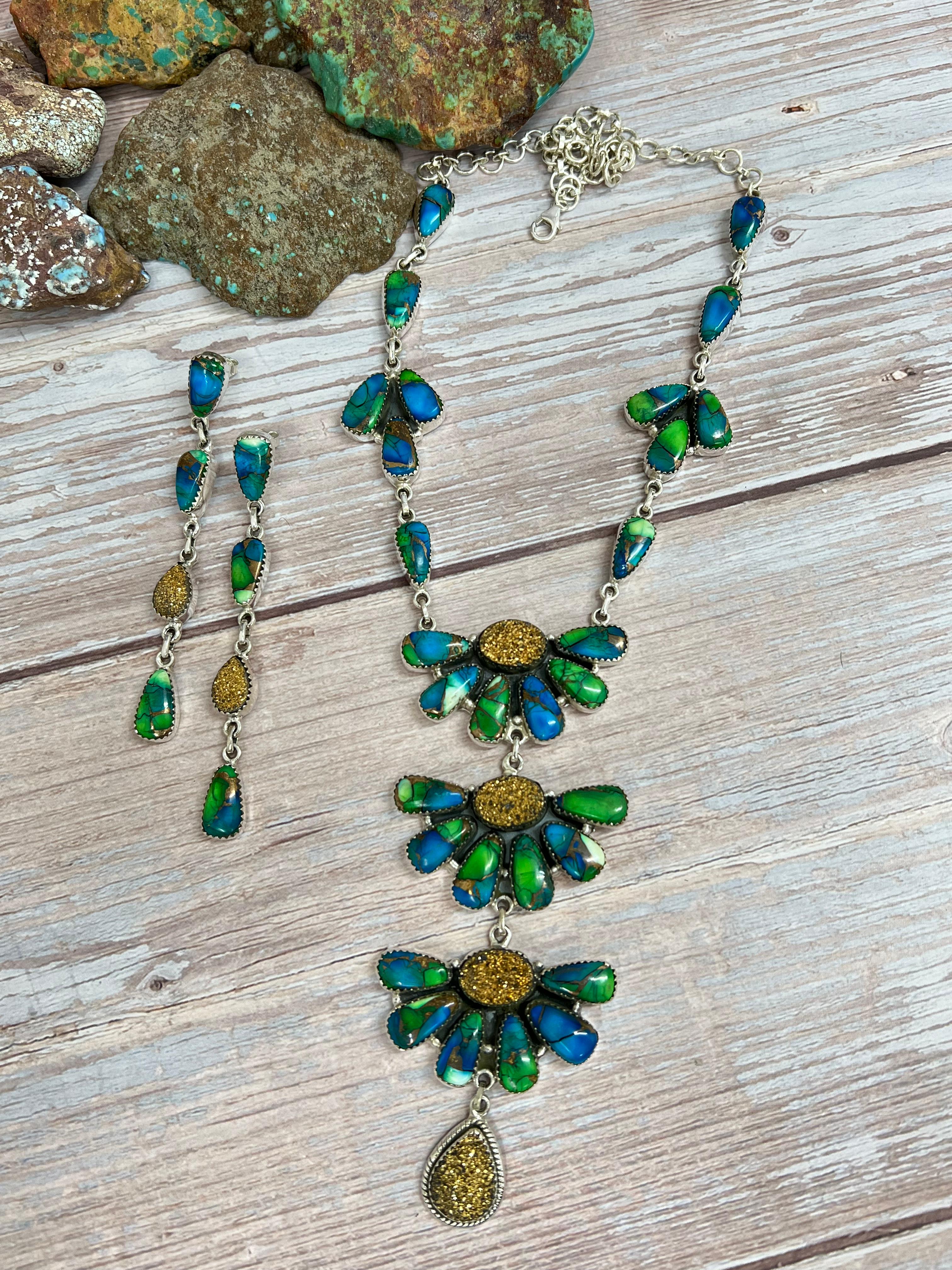 Handmade Sterling Silver Peacock Dahlia with Druzy Necklace Earrings Set with Signed Nizhoni