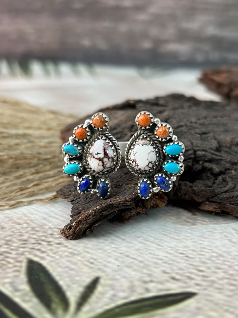 Handmade Sterling Silver Kingman Turquoise with Lapis, Orange Mojave and Wildhorse Magnesite Adjustable Ring Signed Nizhoni