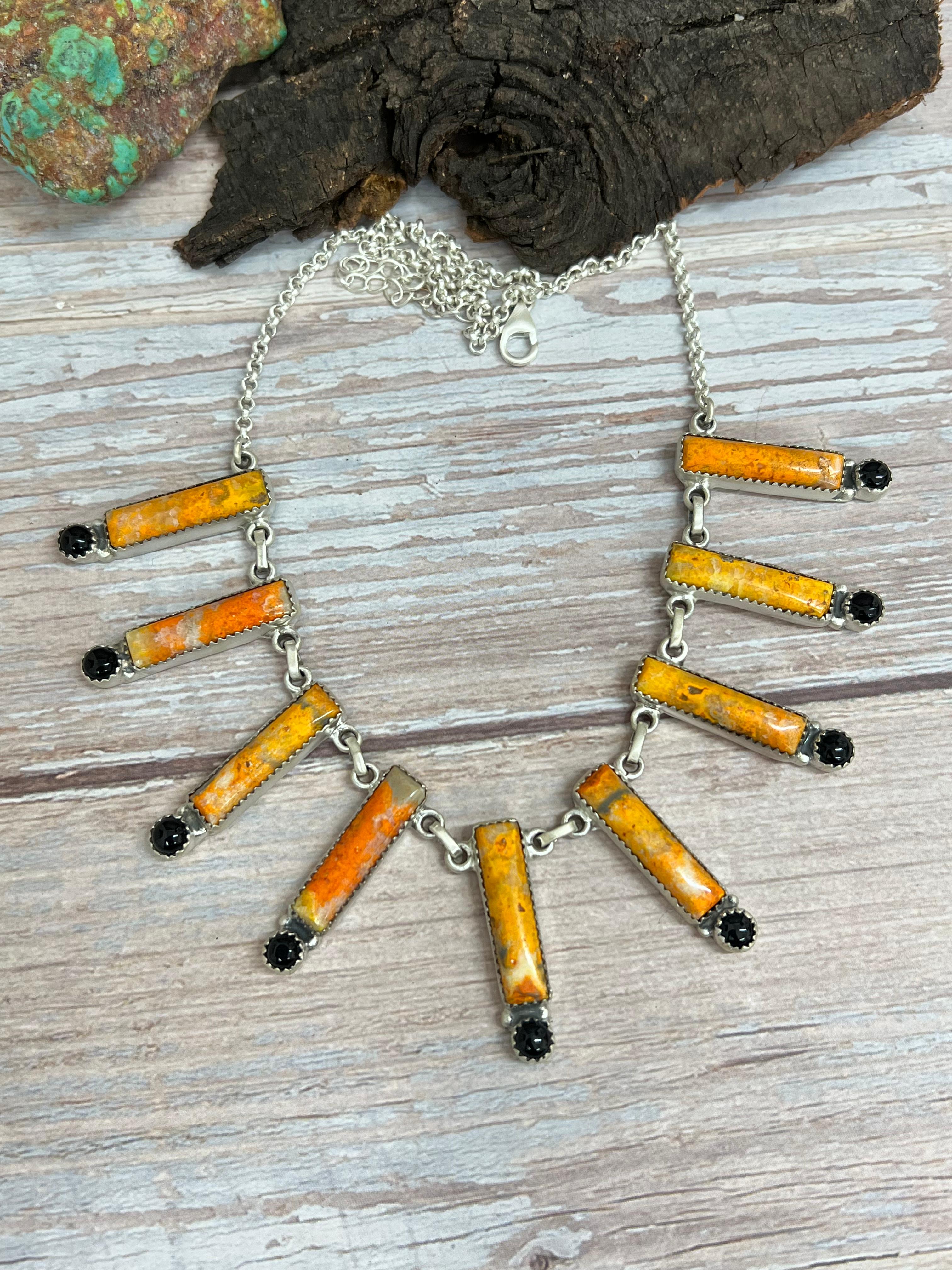 "Halloween Collection" Handmade Sterling Silver Black Onyx, Bumblebee Necklace with Signed Nizhoni