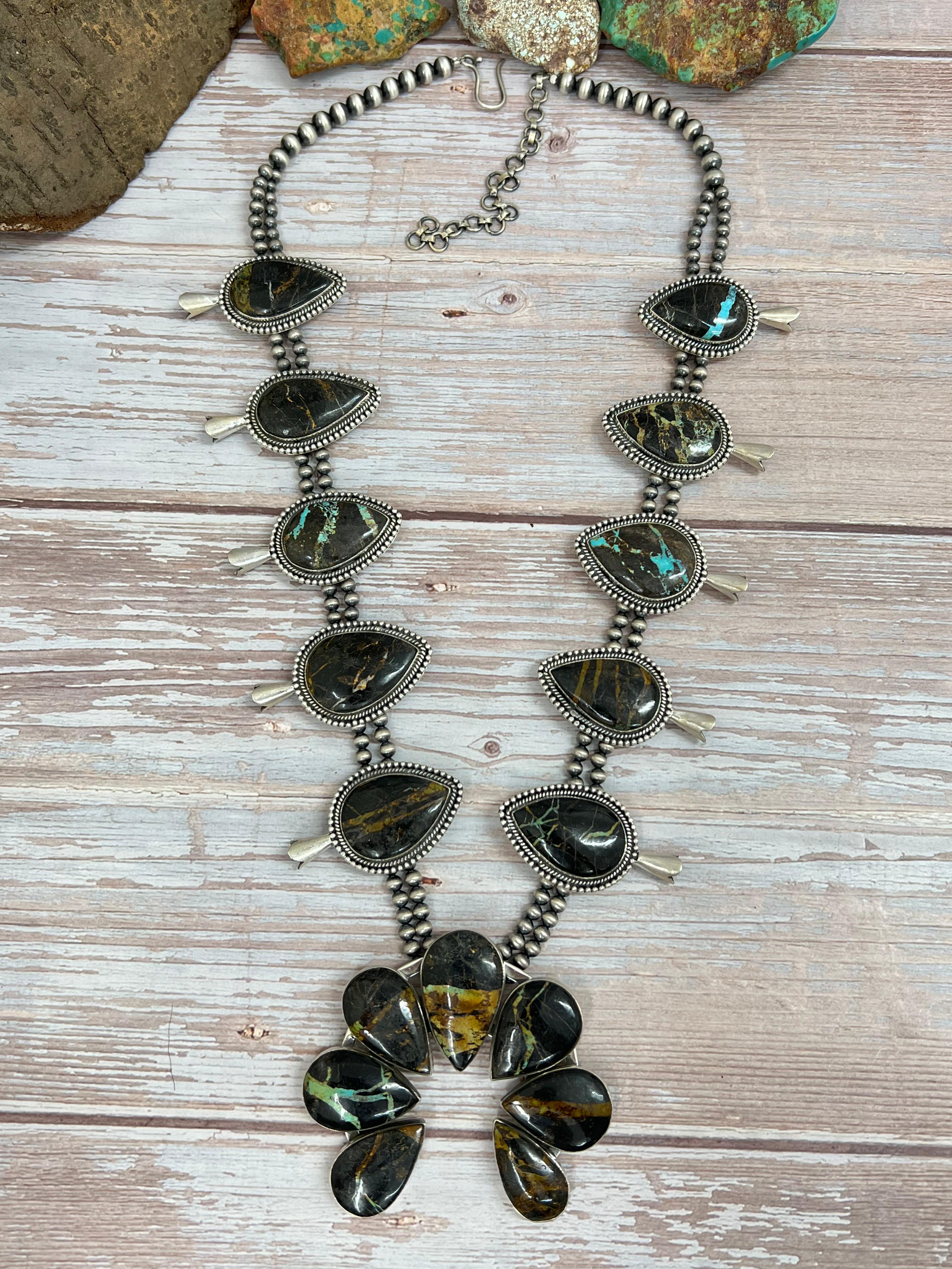 Handmade Sterling Silver Black Jack Beaded Squash Blossom Necklace with Signed Nizhoni